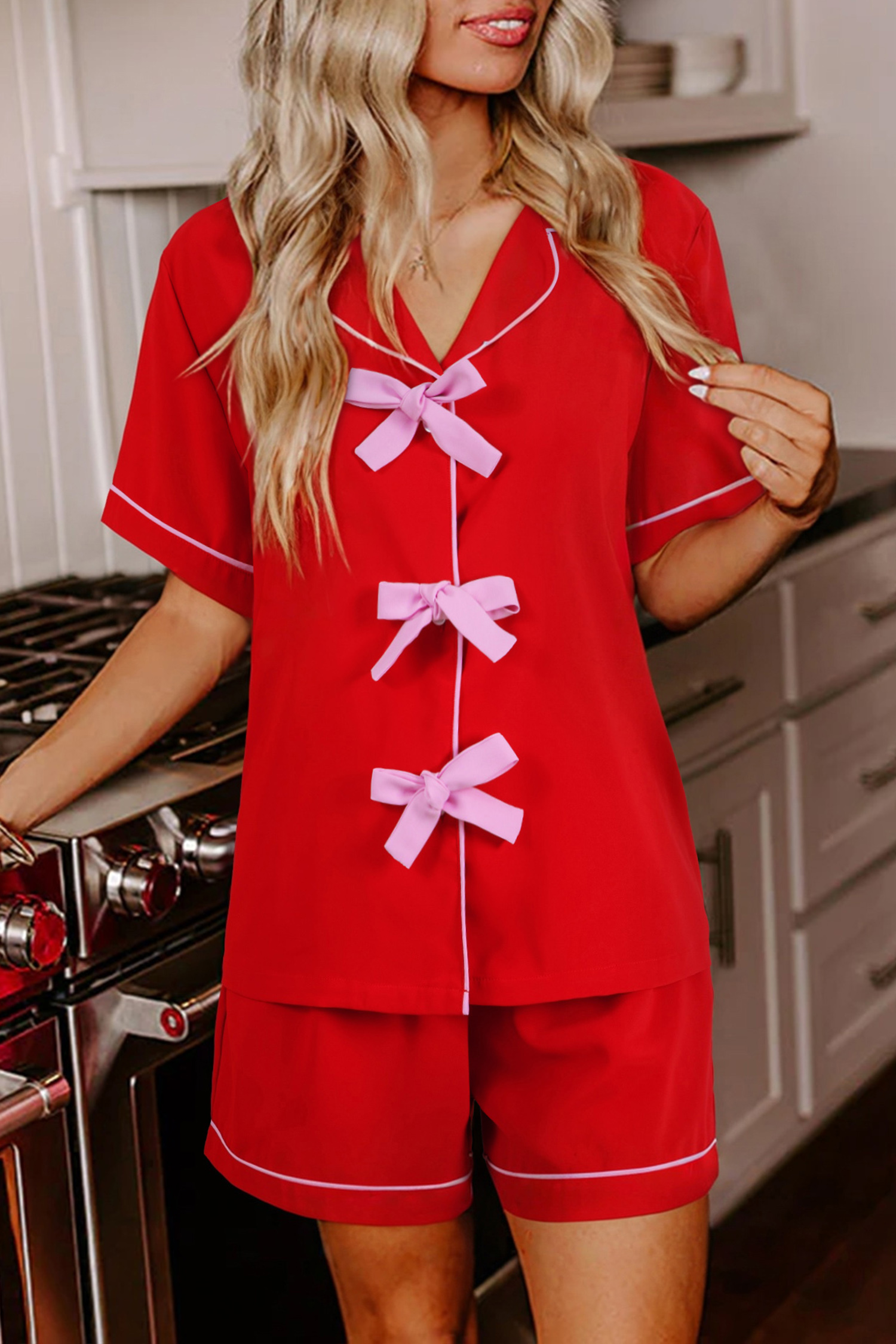 Fiery Red Contrast Trim Ribbon Bow Short Silky 2pcs Pajama Set - loveforevers