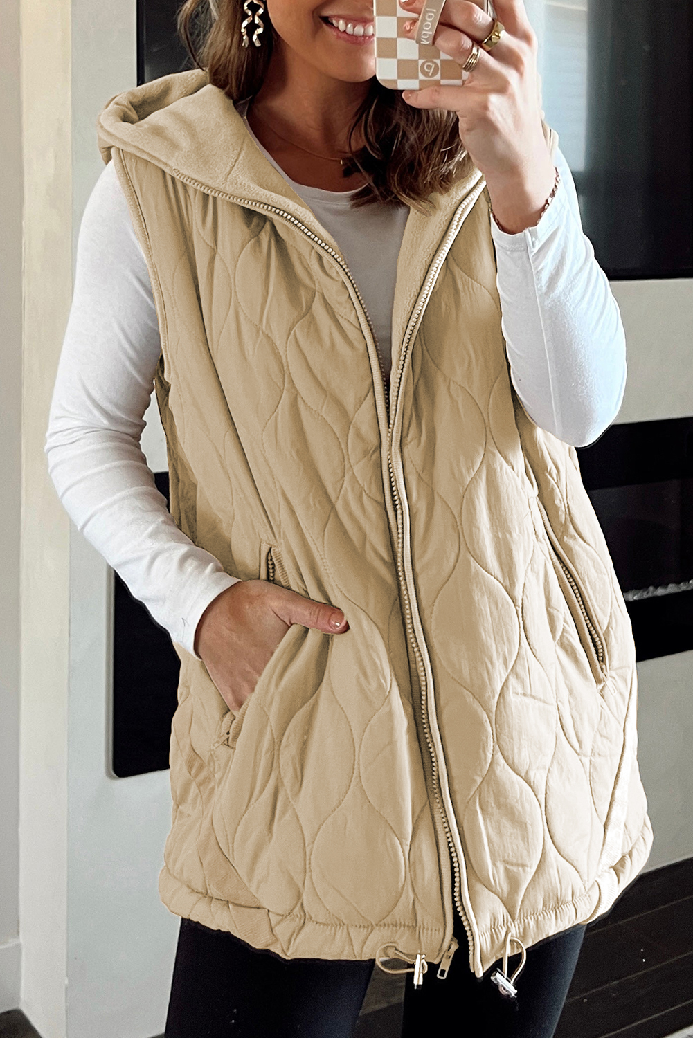 Pale Khaki Quilted Padded Casual Winter Jacket Vest with Fleece Lining - loveforevers