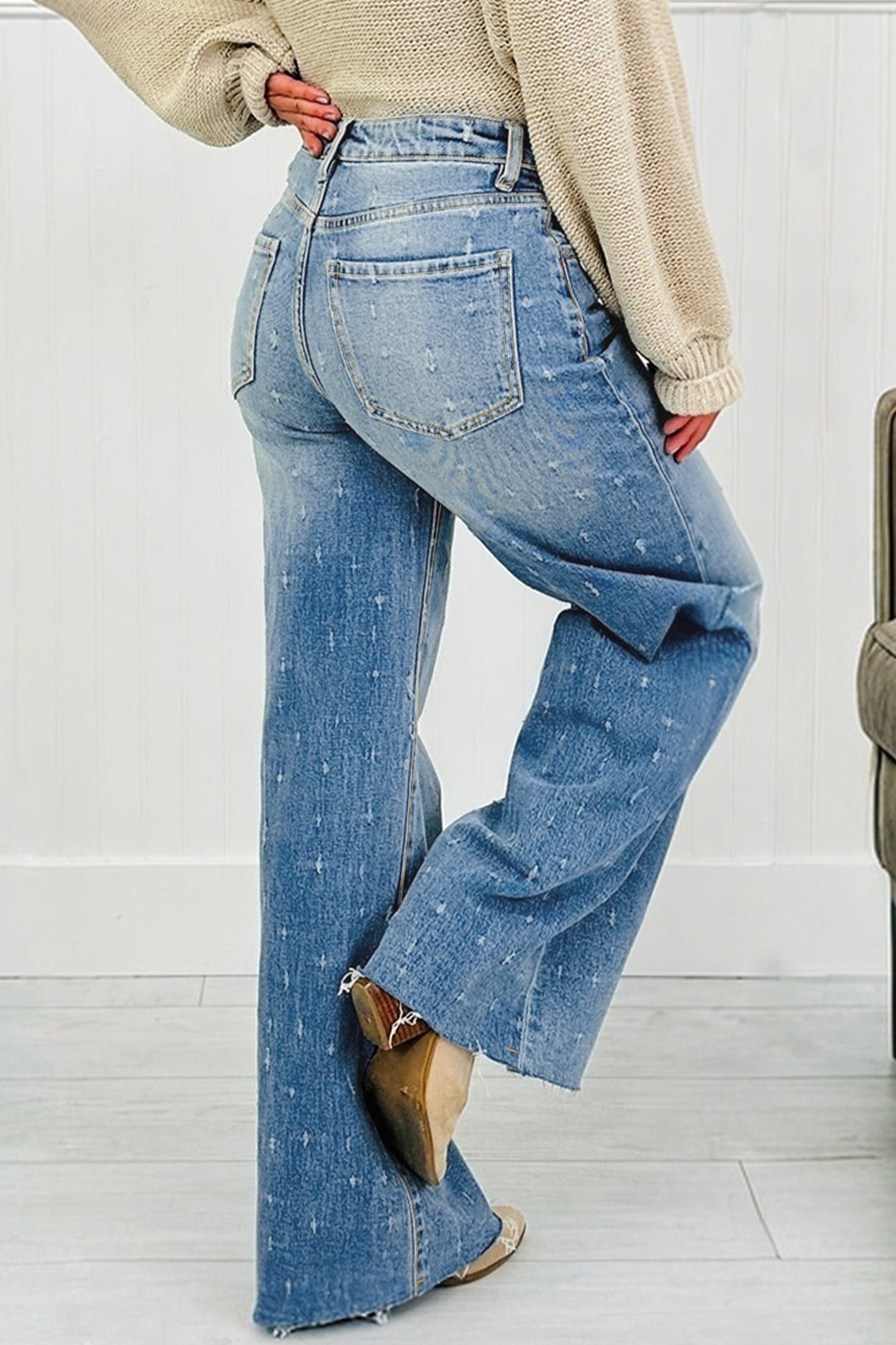 Mist Blue Distressed Detail Tummy Control Raw Hem Jeans - loveforevers