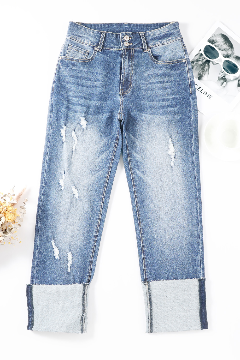High Waist Distressed Straight Leg Jeans - loveforevers