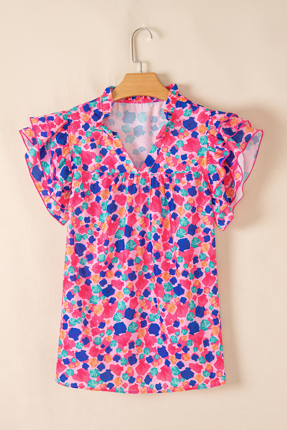 Rose Red Abstract Print Ruffled Sleeve V Neck Blouse - loveforevers
