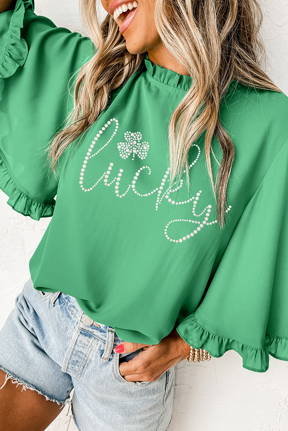 Green Ceramic Rhinstone lucky Clover Graphic Frilled Bell Sleeve Blouse - loveforevers