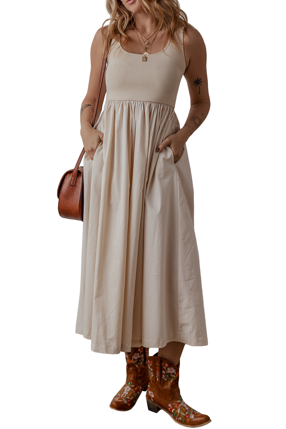 Beige Scoop Neck Ribbed Bodice Pleated Sleeveless Long Dress - loveforevers