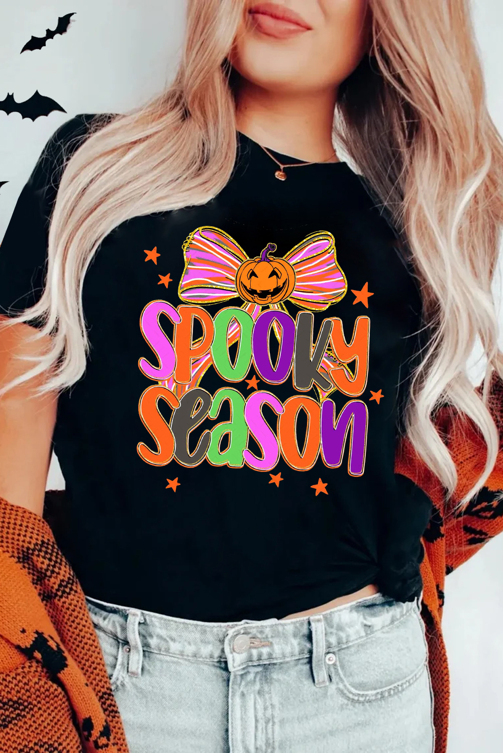 Black SPOOKY SEASON Halloween Pumpkin Bow Print T Shirt - loveforevers