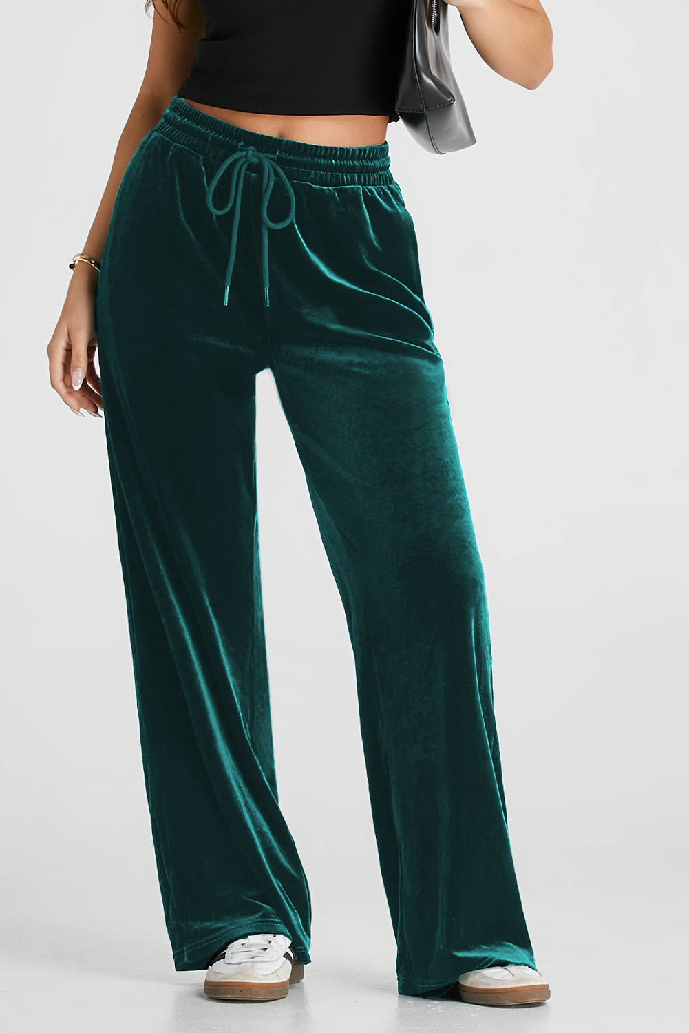 Evergreen Solid Drawstring Waist Wide Leg Pants - loveforevers