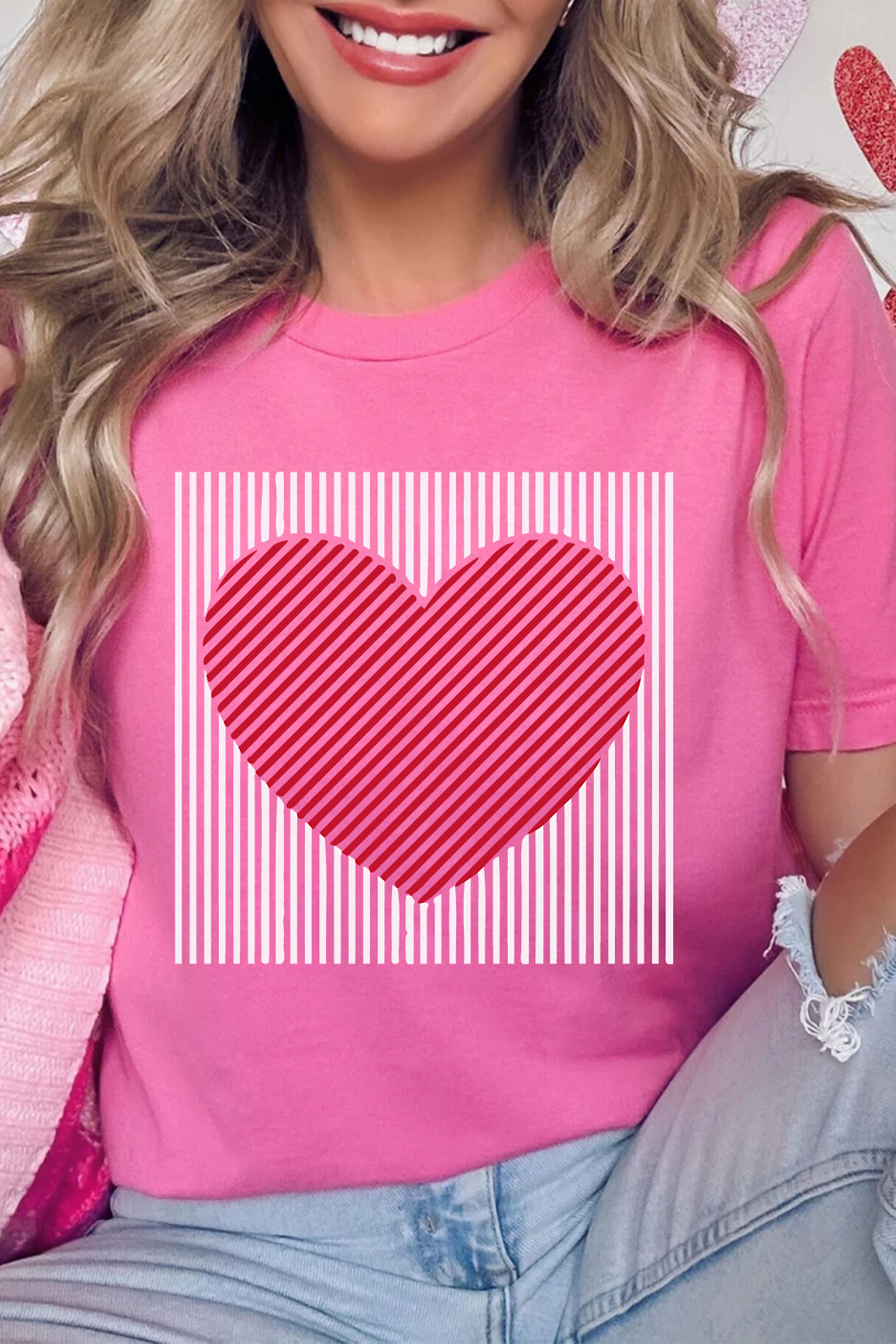 Sachet Pink Contrast Striped Heart Printed Valentines Day T Shirt - loveforevers