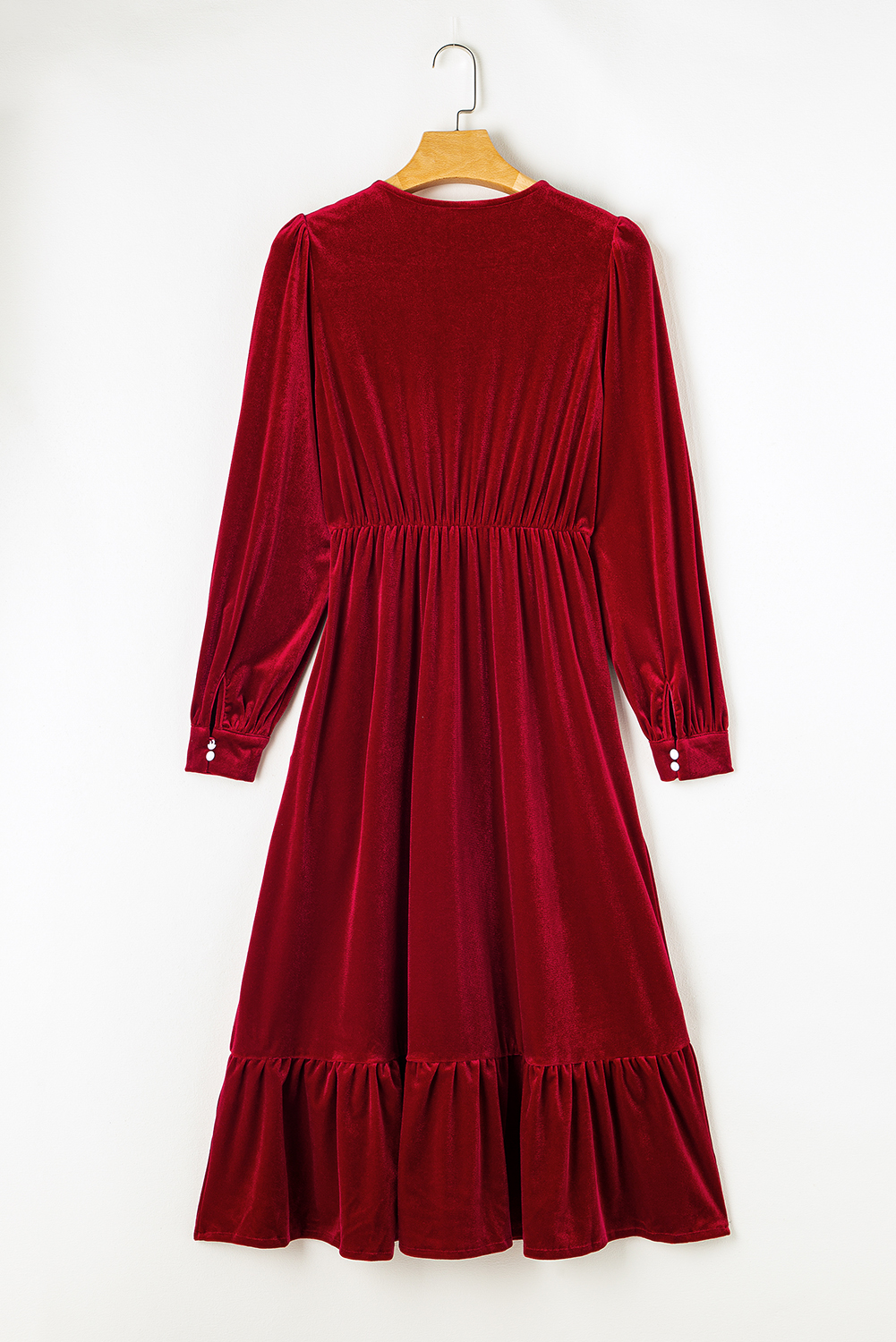 Dearlove Racing Red Velvet Buttoned Puff Sleeve V Neck Split Midi Dress - loveforevers