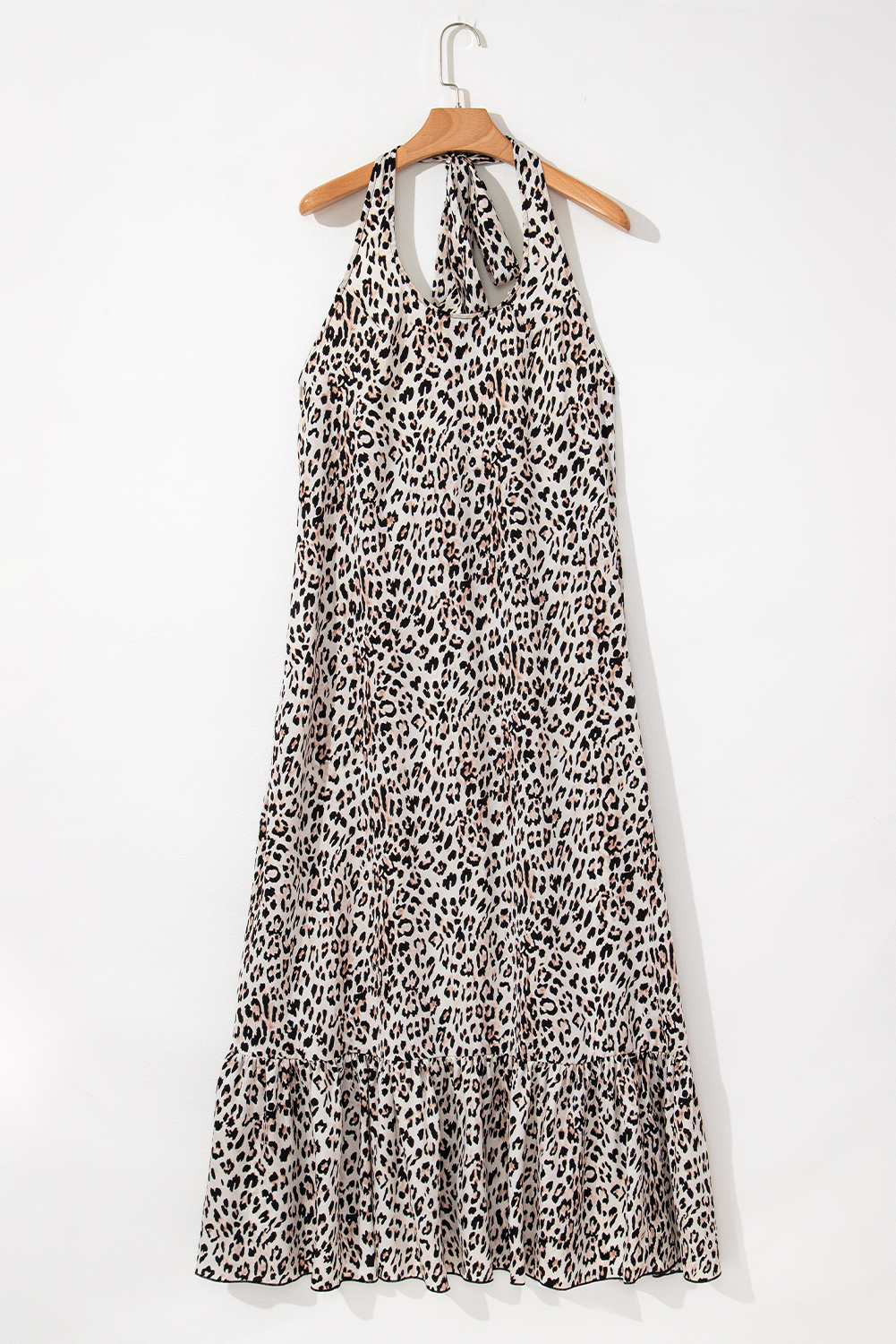 Brown Leopard Printed Halter Neck Backless Ruffled Hem Maxi Dress - loveforevers