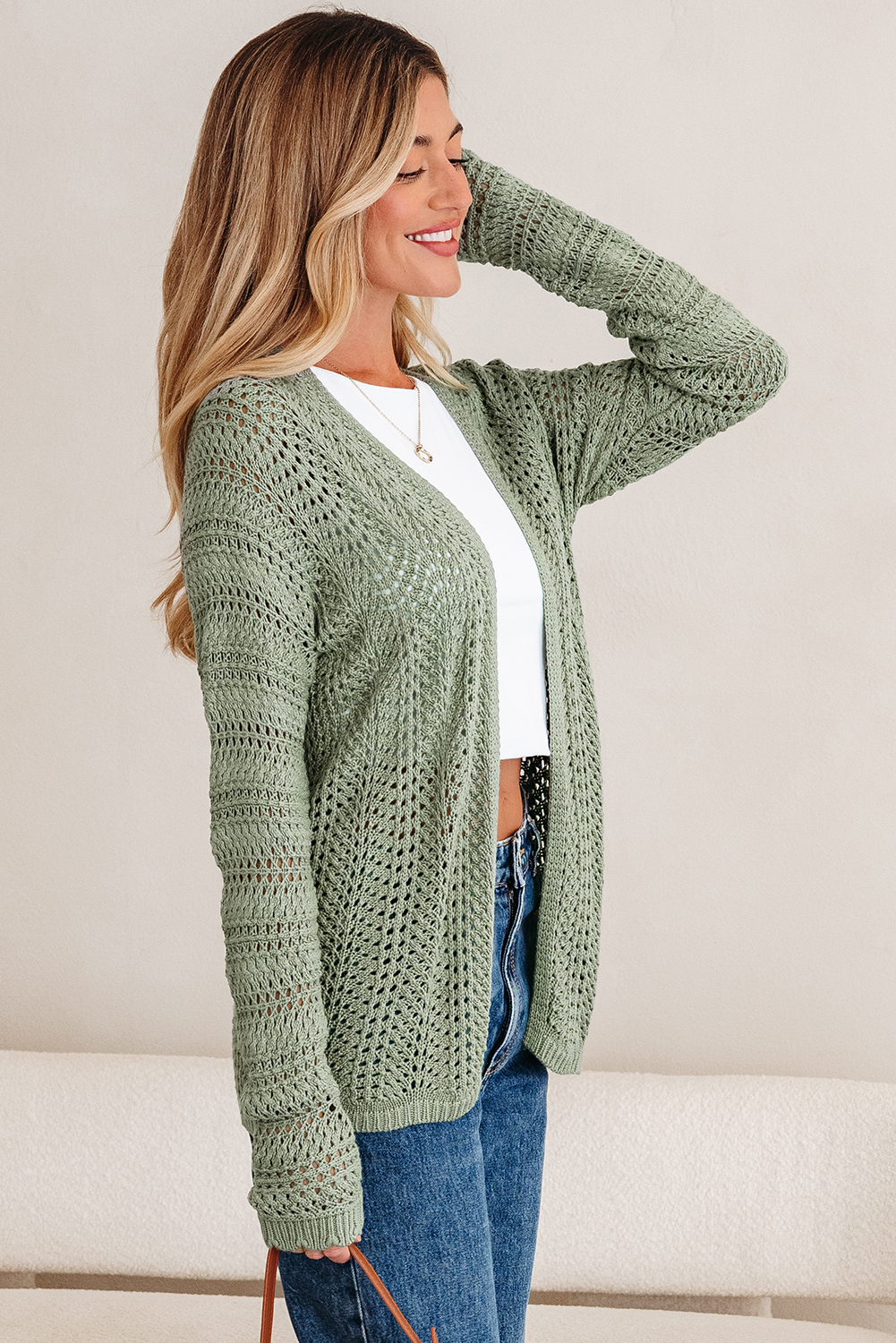 Green Bay Scalloped Edge Eyelet Knit Batwing Sleeve Cardigan - loveforevers