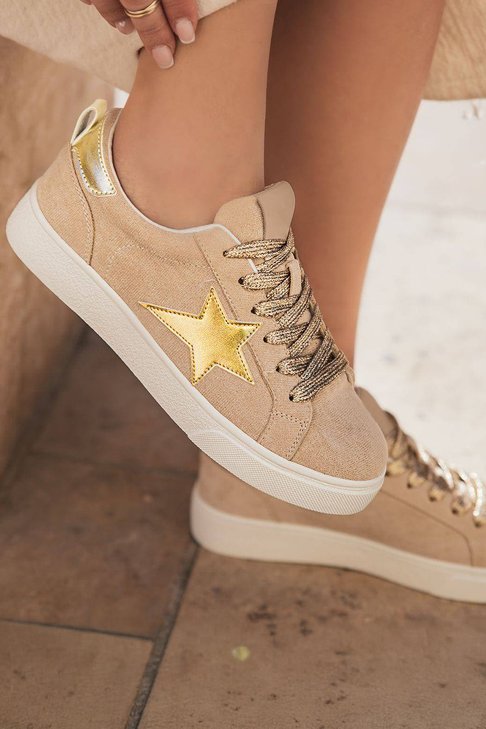 Buckskin Star Glitter Patchwork Lace-up Sneakers - loveforevers