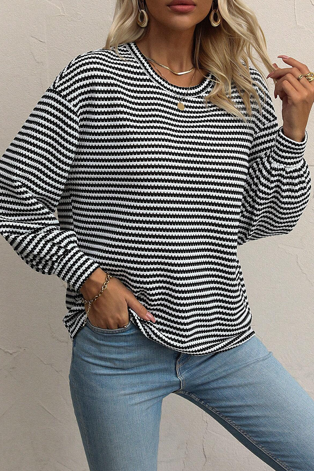 Black Stripe Round Neck Drop Shoulder Long Sleeve Top - loveforevers