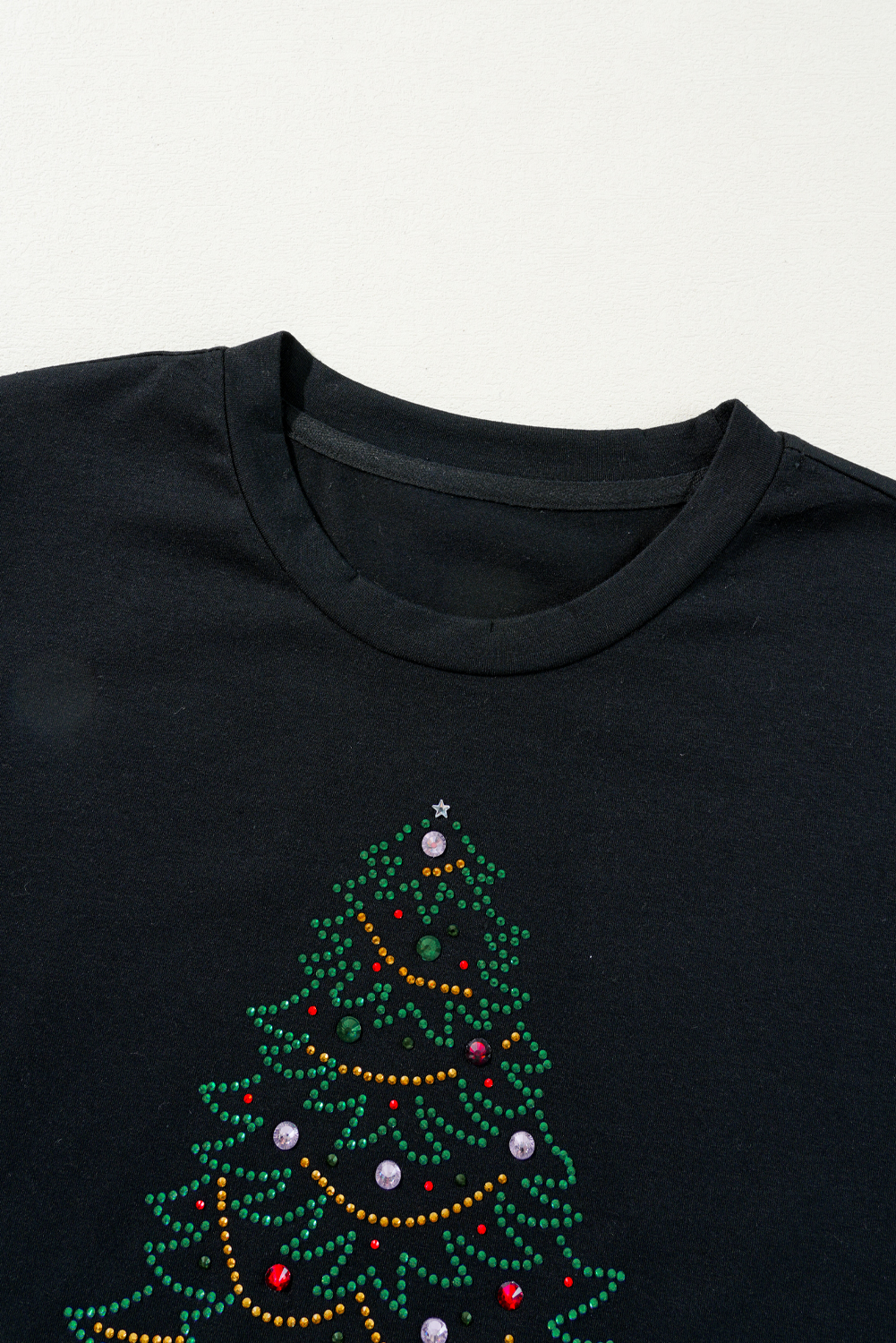 Black Rhinestone Christmas Tree Round Neck Graphic Tee - loveforevers