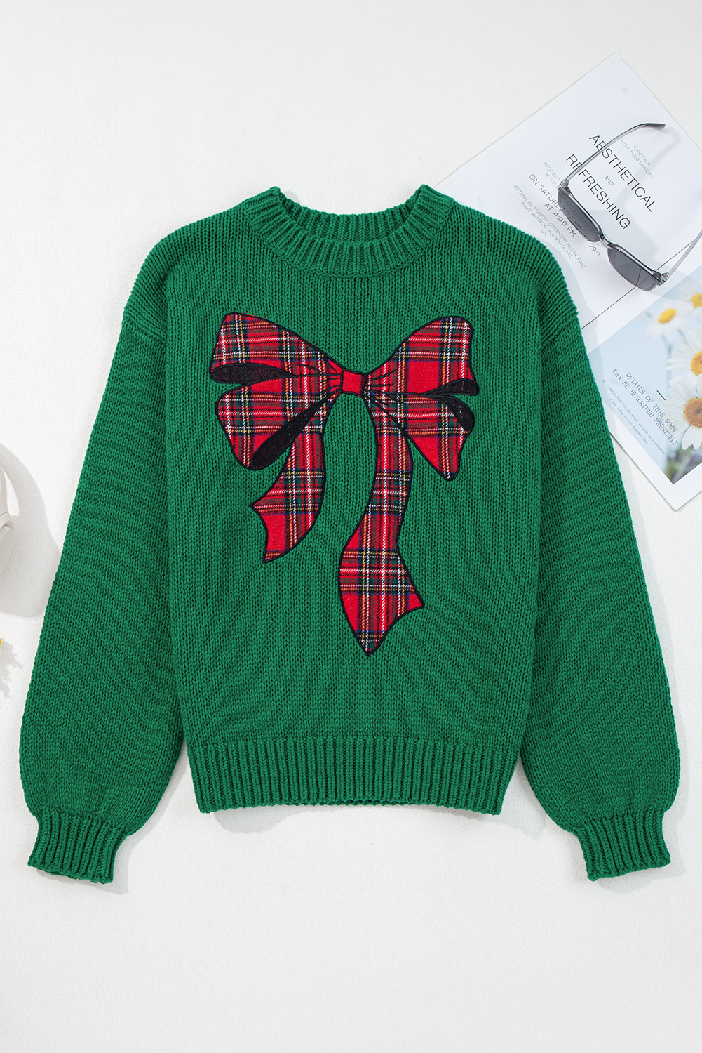 Evergreen Plaid Bow Graphic Christmas Sweater - loveforevers