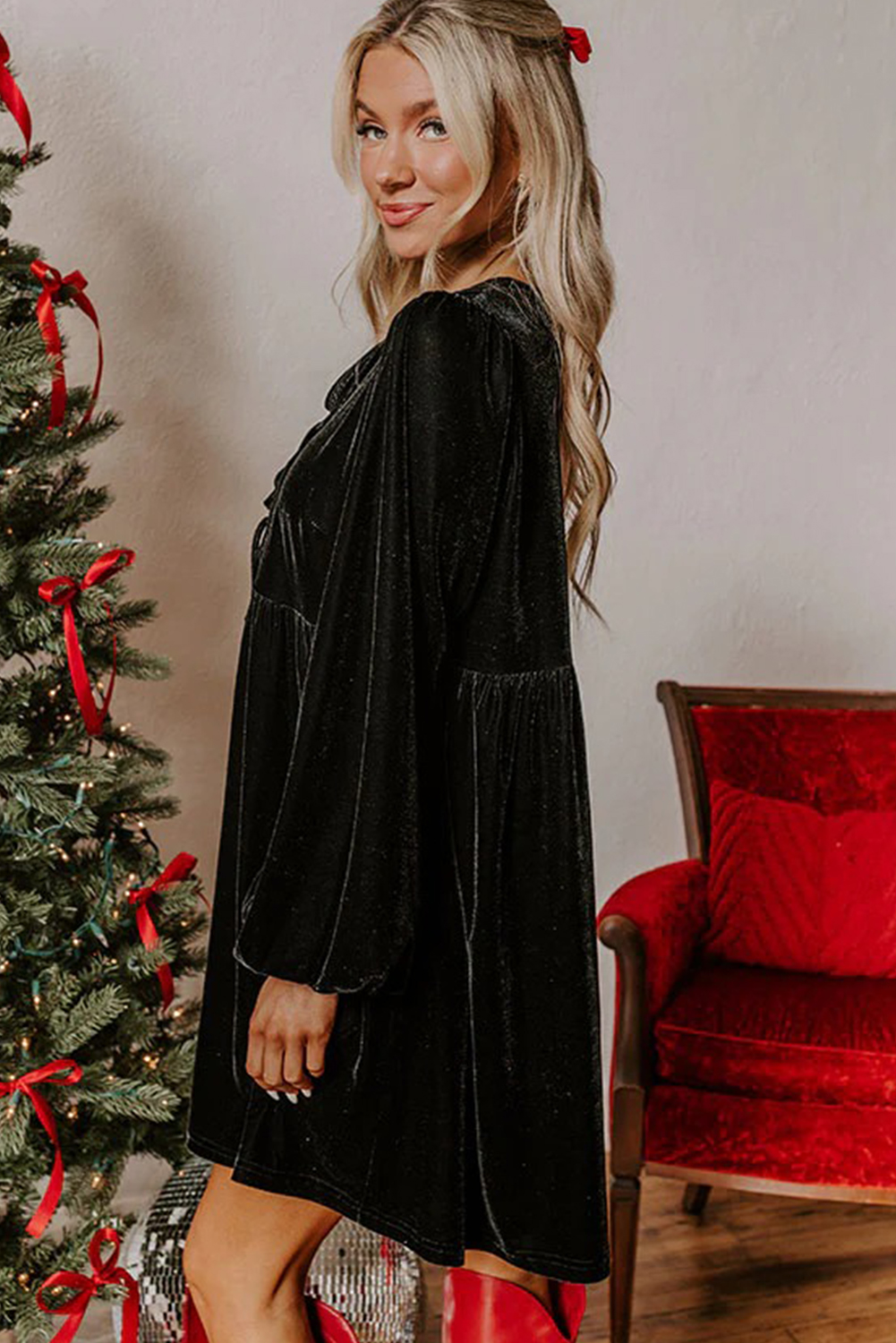 Black Front Tie Velvet Bubble Sleeve Mini Dress - loveforevers