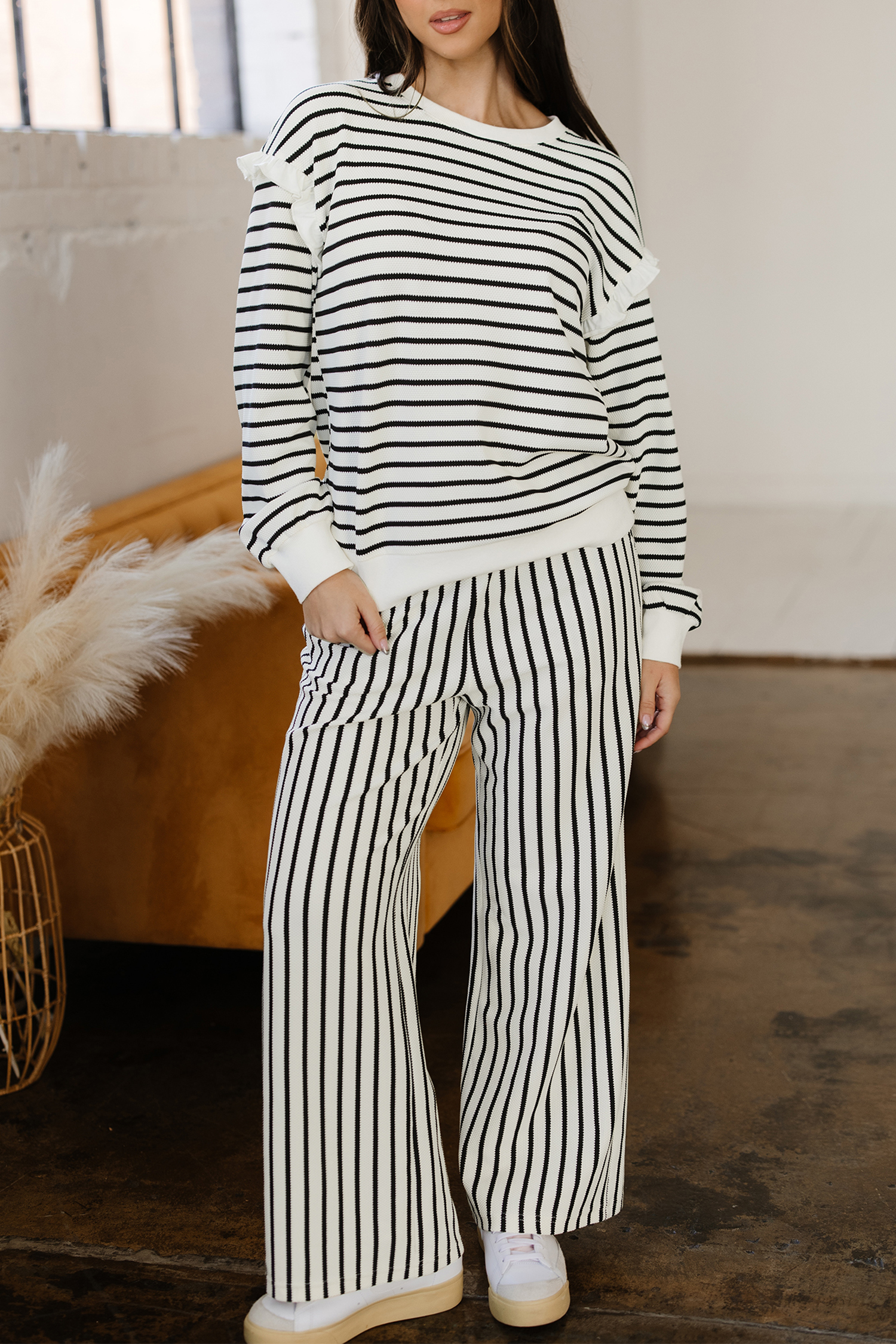 White Stripe Ruffle Trim Drop Shoulder Top Drawstring Loose Pant Set - loveforevers