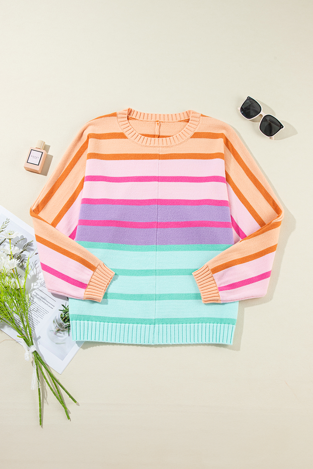 Yellow Stripe Gradient Striped Ribbed Edge Loose Sweater - loveforevers