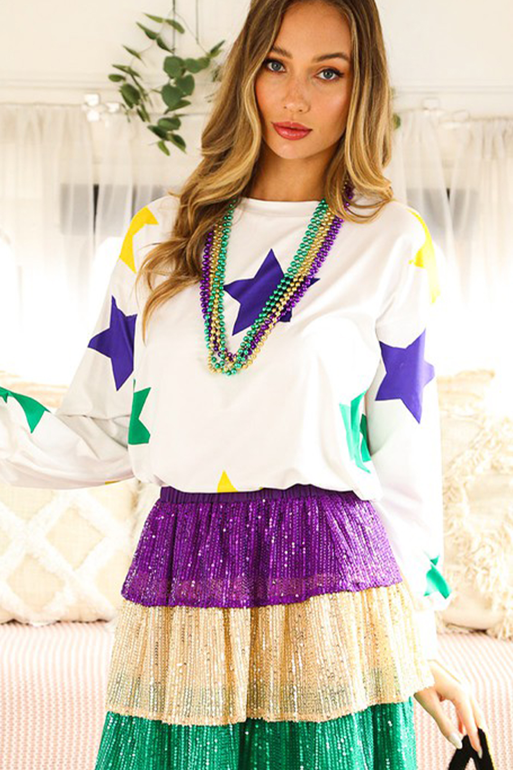 White Mardi Gras Star Printed Long Sleeve Top - loveforevers