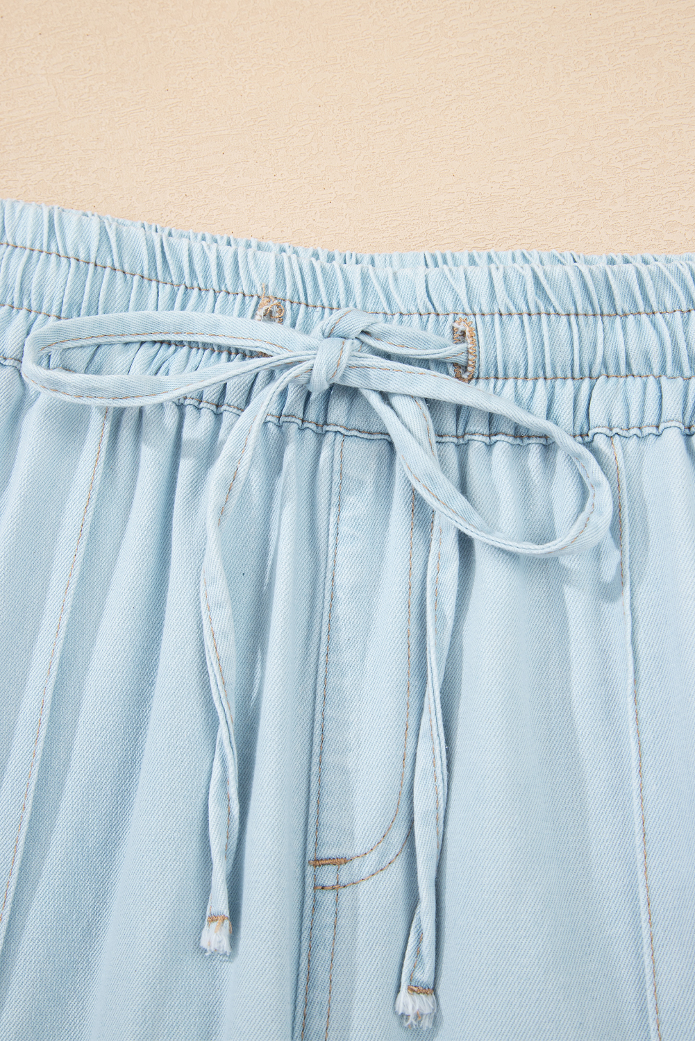 Beau Blue Light Wash Contrast Trim Center Seam Drawstring Elastic Waistband Wide Leg Denim Pants - loveforevers