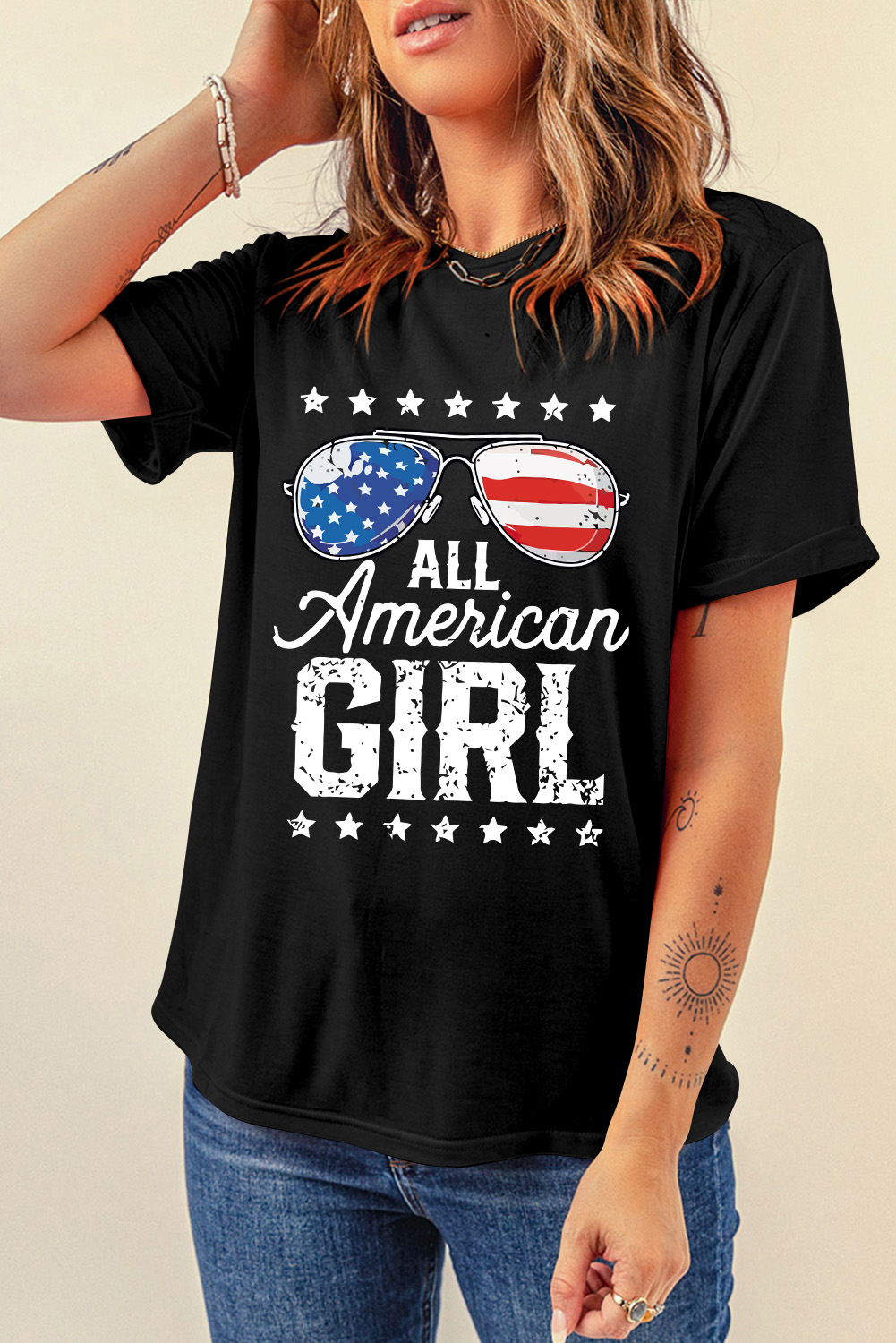 Black Stars and Stripes Glasses Slogan Graphic T Shirt - loveforevers