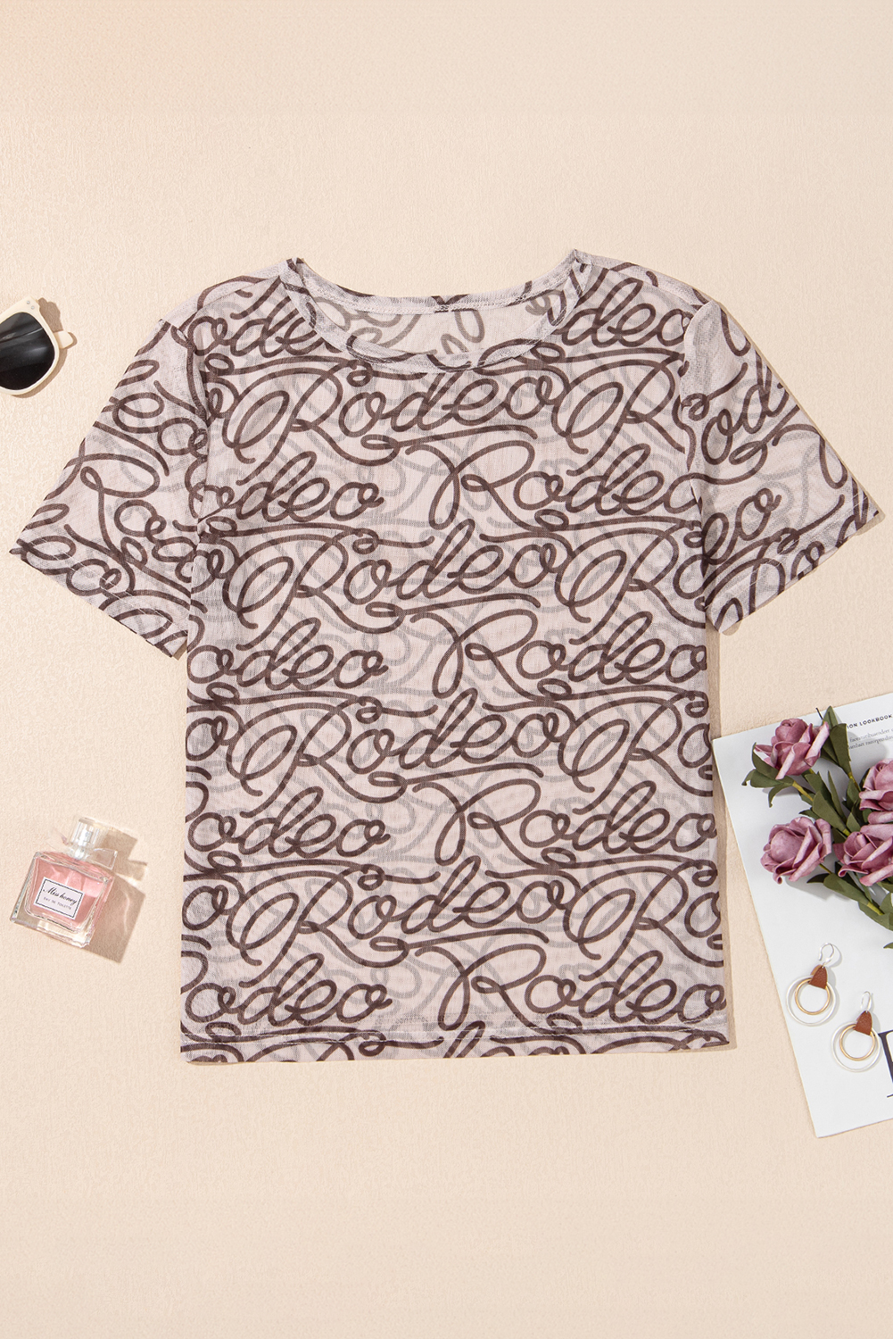 Brown Rodeo Print Round Neck Slim Fit Mesh T Shirt - loveforevers