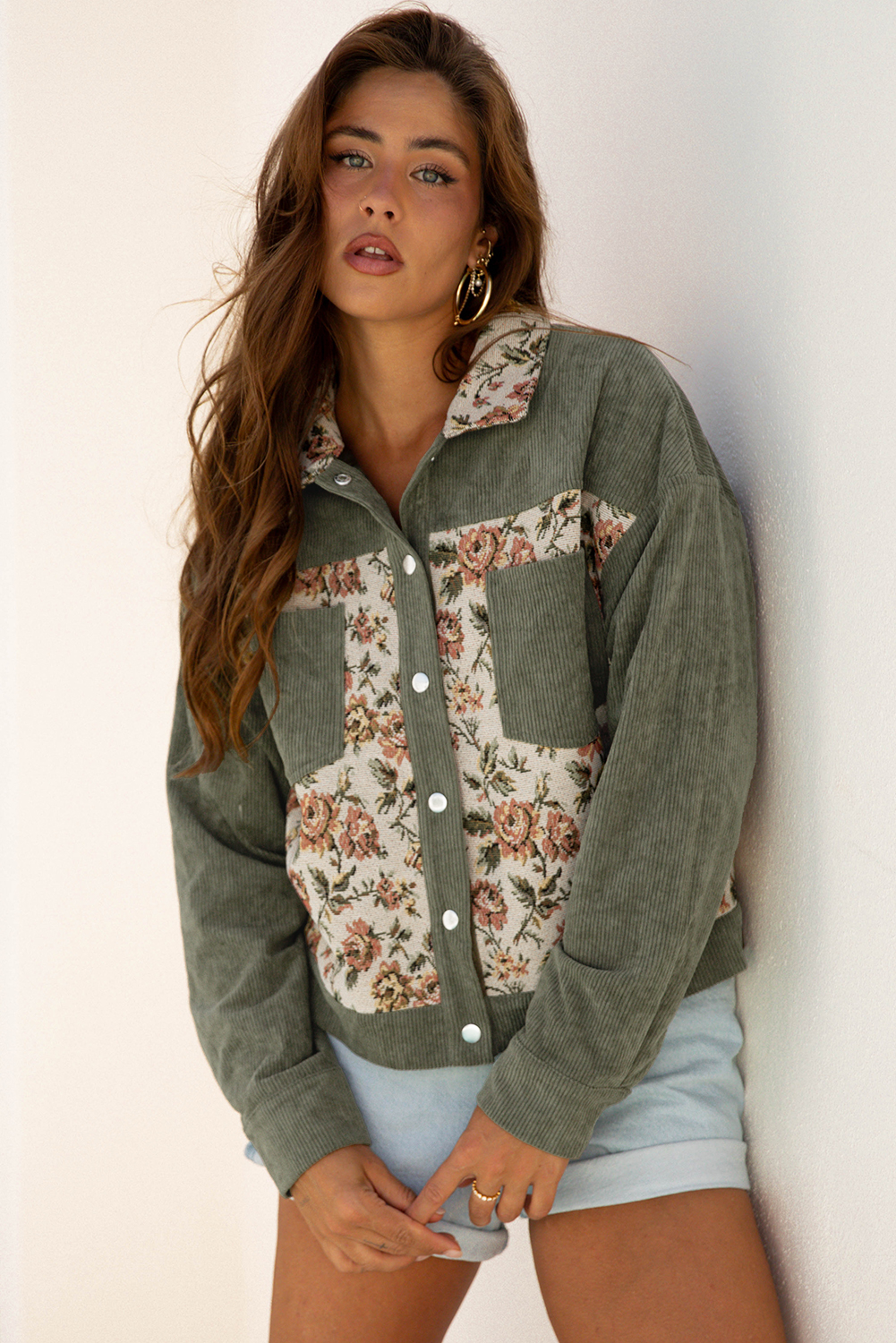 Dearlovers Sage Green Ribbed Retro Floral Patchwork Shirt Style Jacket - loveforevers