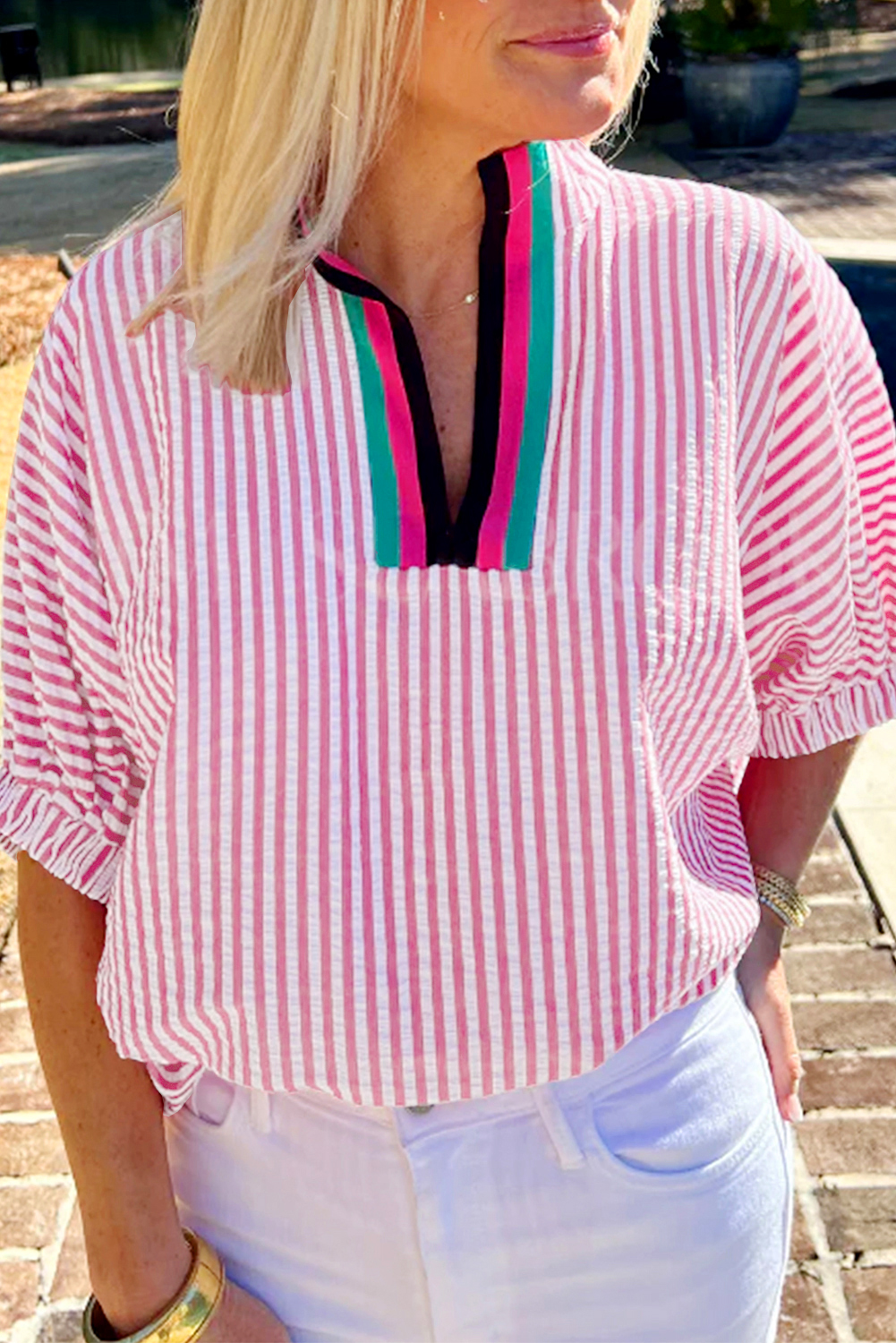 Sachet Pink Striped Print Contrast Split Neck Dolman Sleeve Blouse - loveforevers