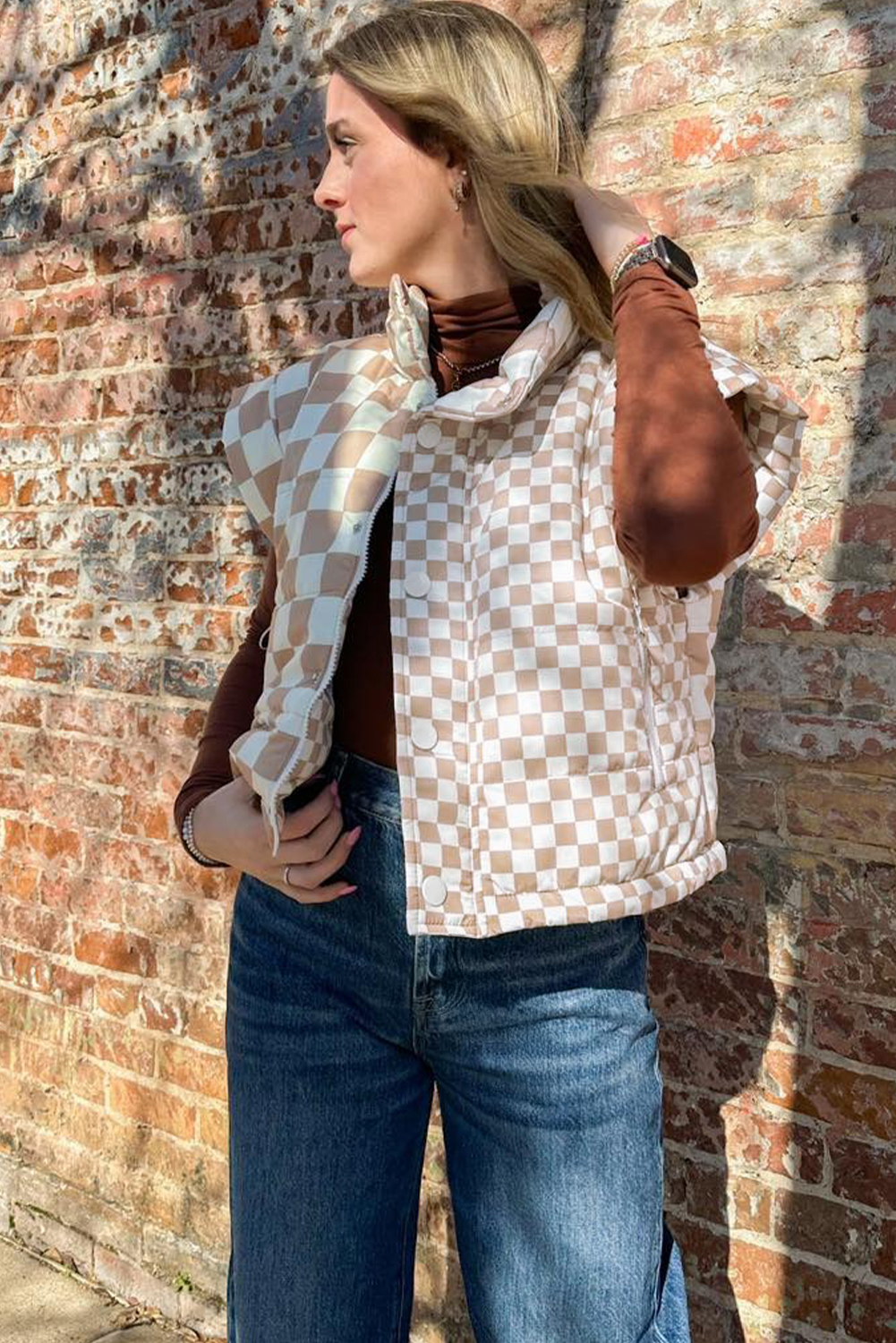 Khaki Contrast Plaid Quilted Button Zip Up Vest - loveforevers