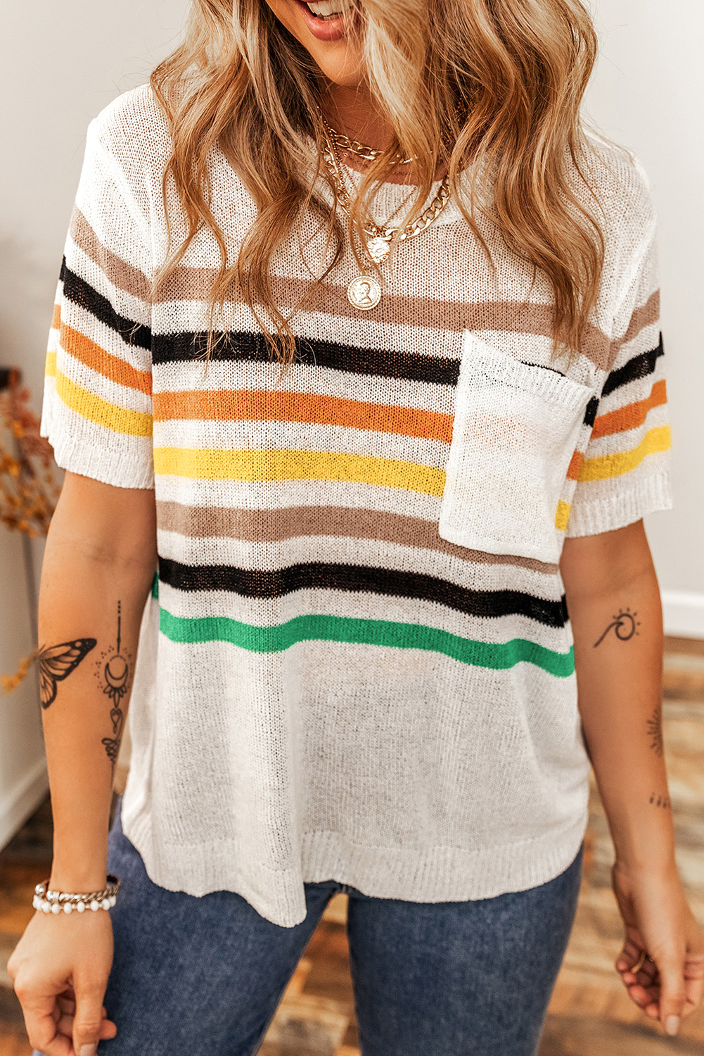 White Striped Pocketed Loose Fit Crewneck Knitted T Shirt - loveforevers