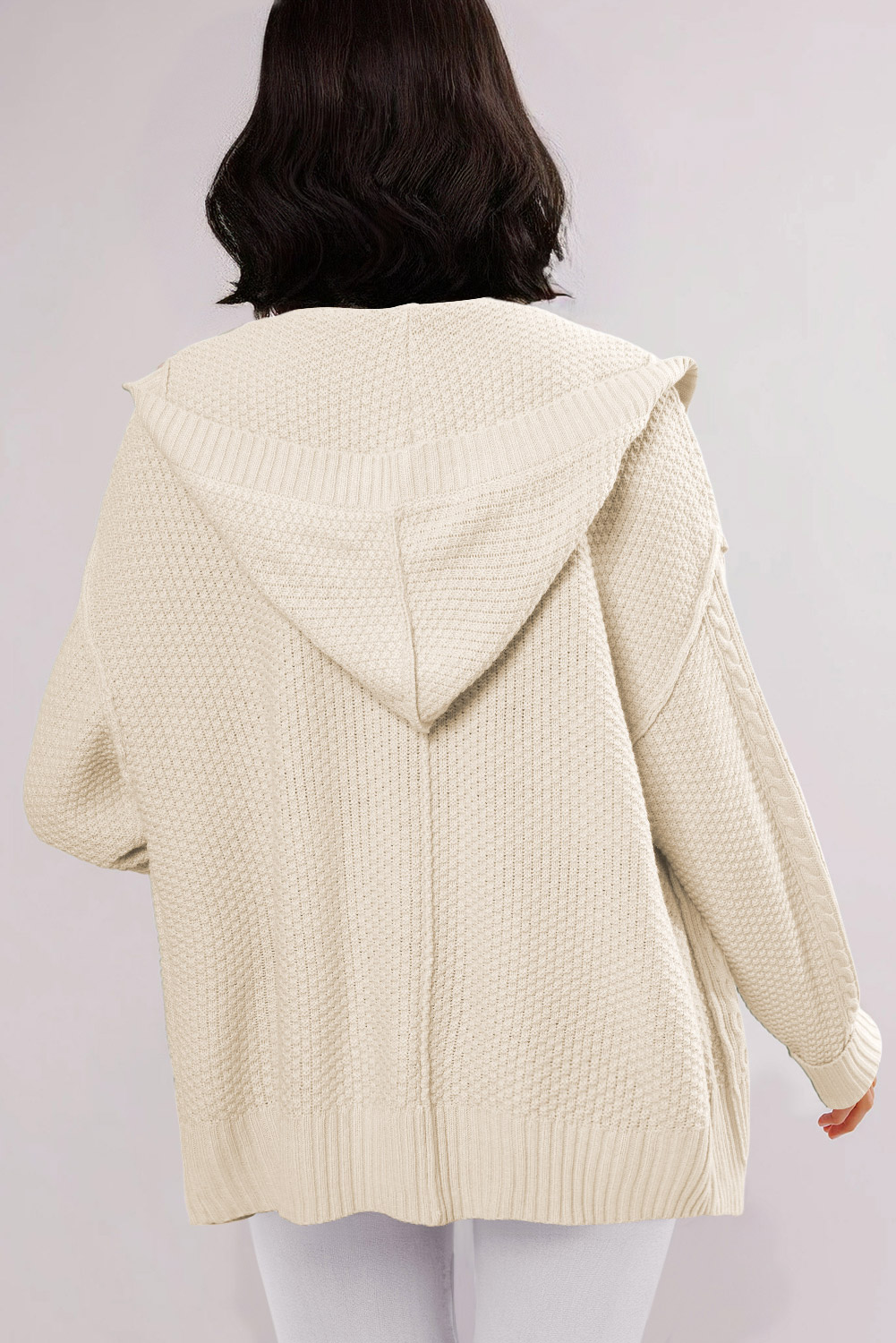 White Cable Knit Texture Uneven Hem Hooded Chic Cardigan - loveforevers