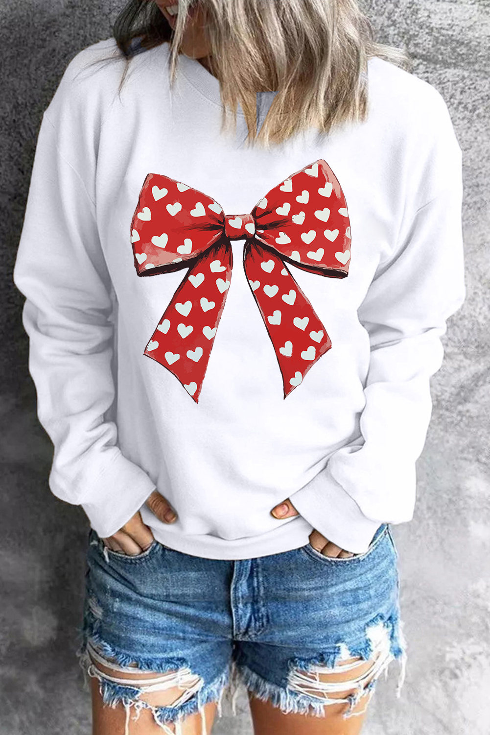 White Heart Bow Printed Round Neck Valentines Pullover Sweatshirt - loveforevers
