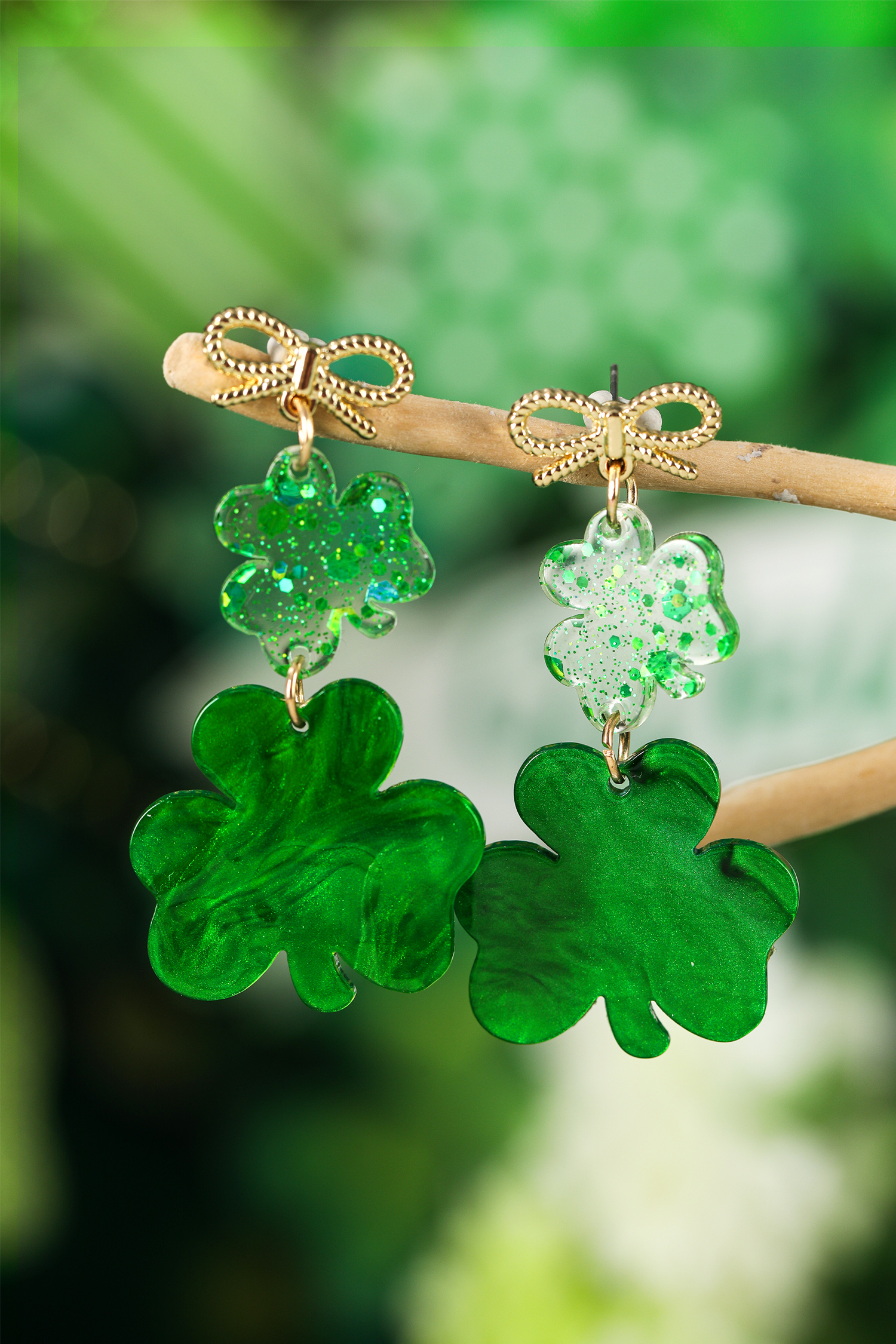 Green Double Clover Dangle Pendant Bow Stud Earrings - loveforevers