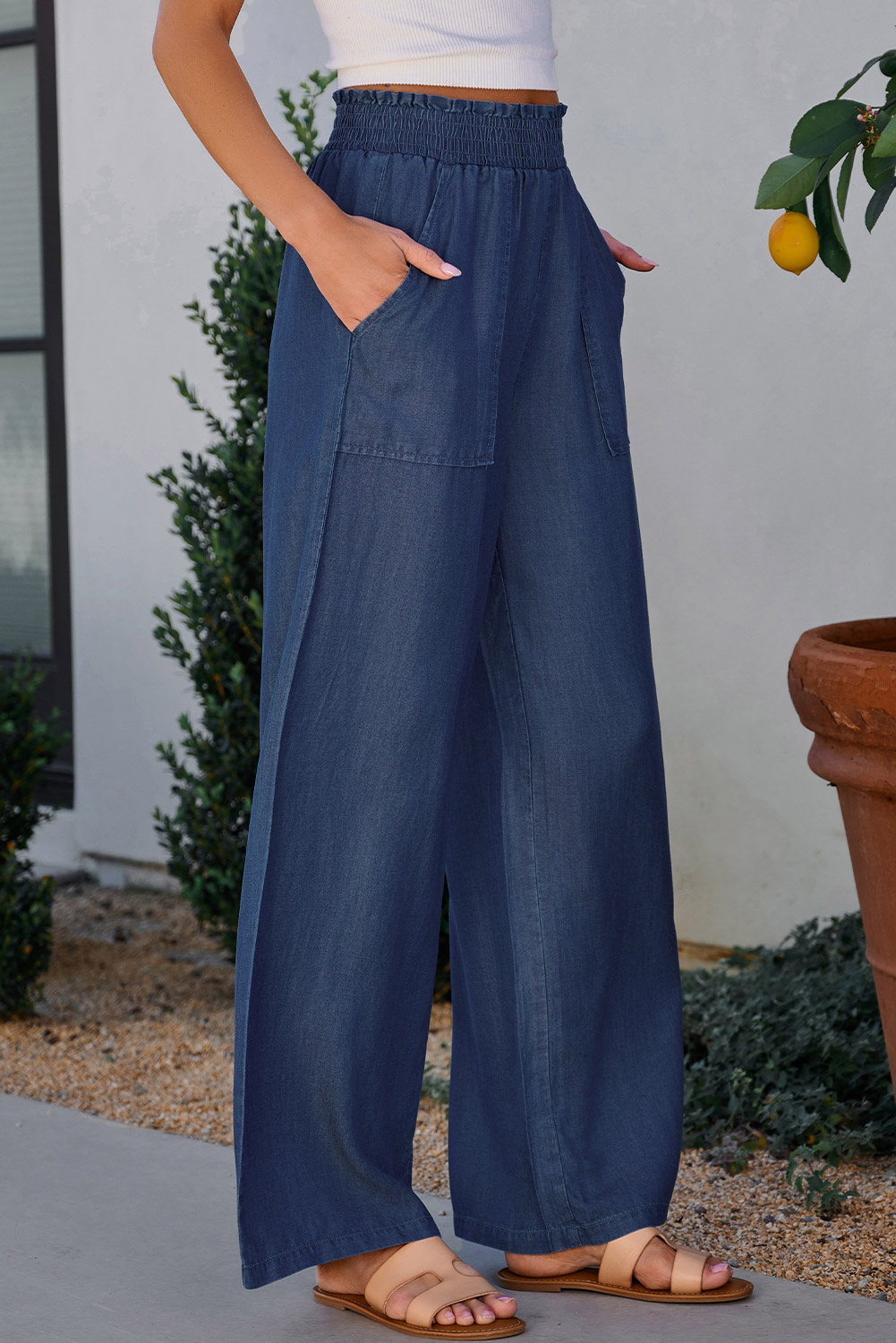 Black Side Pockets Frilled Smocked High Waist Wide Leg Jeans - loveforevers