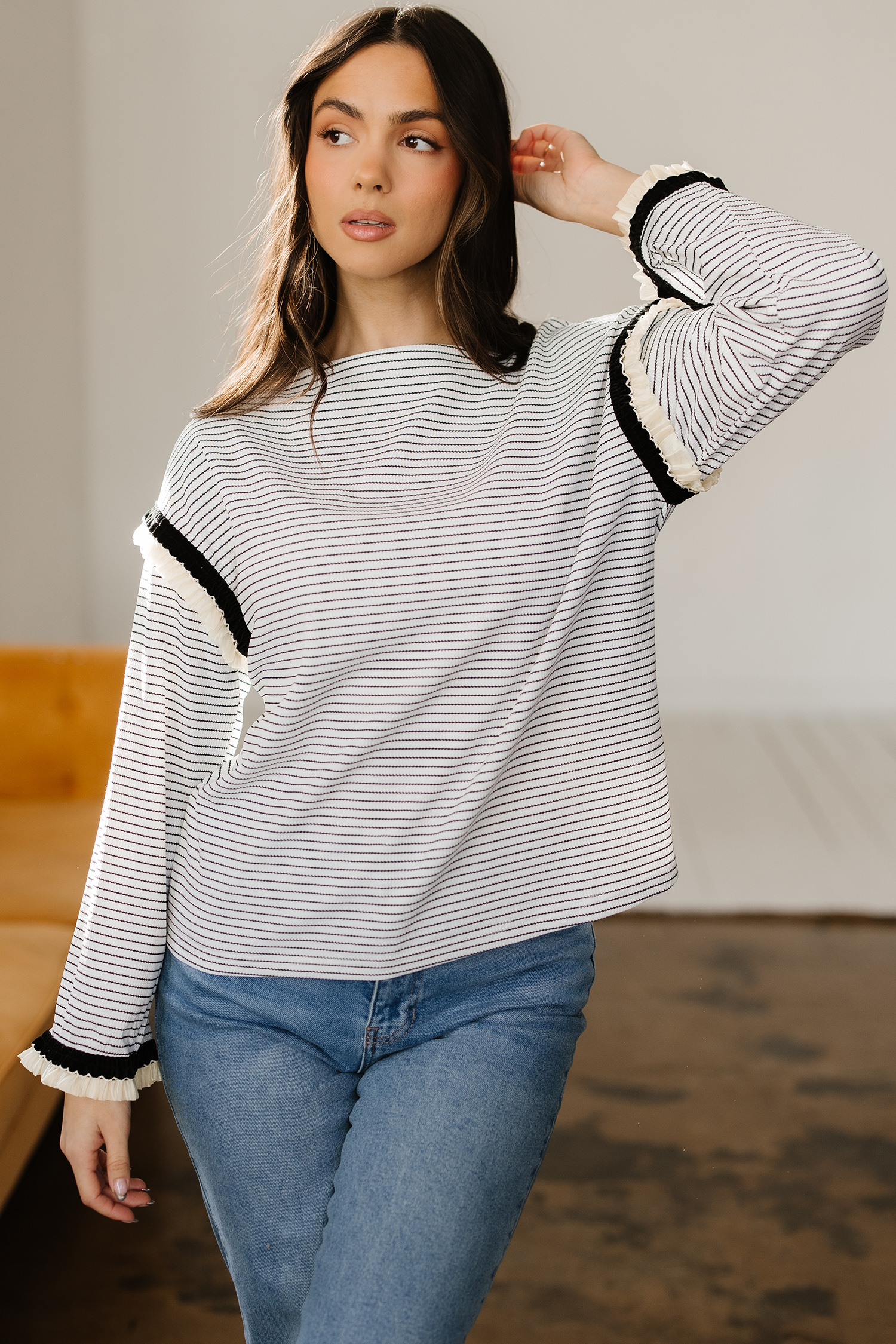 White Stripe Contrasted Ruffle Trim Loose Long Sleeve Top - loveforevers