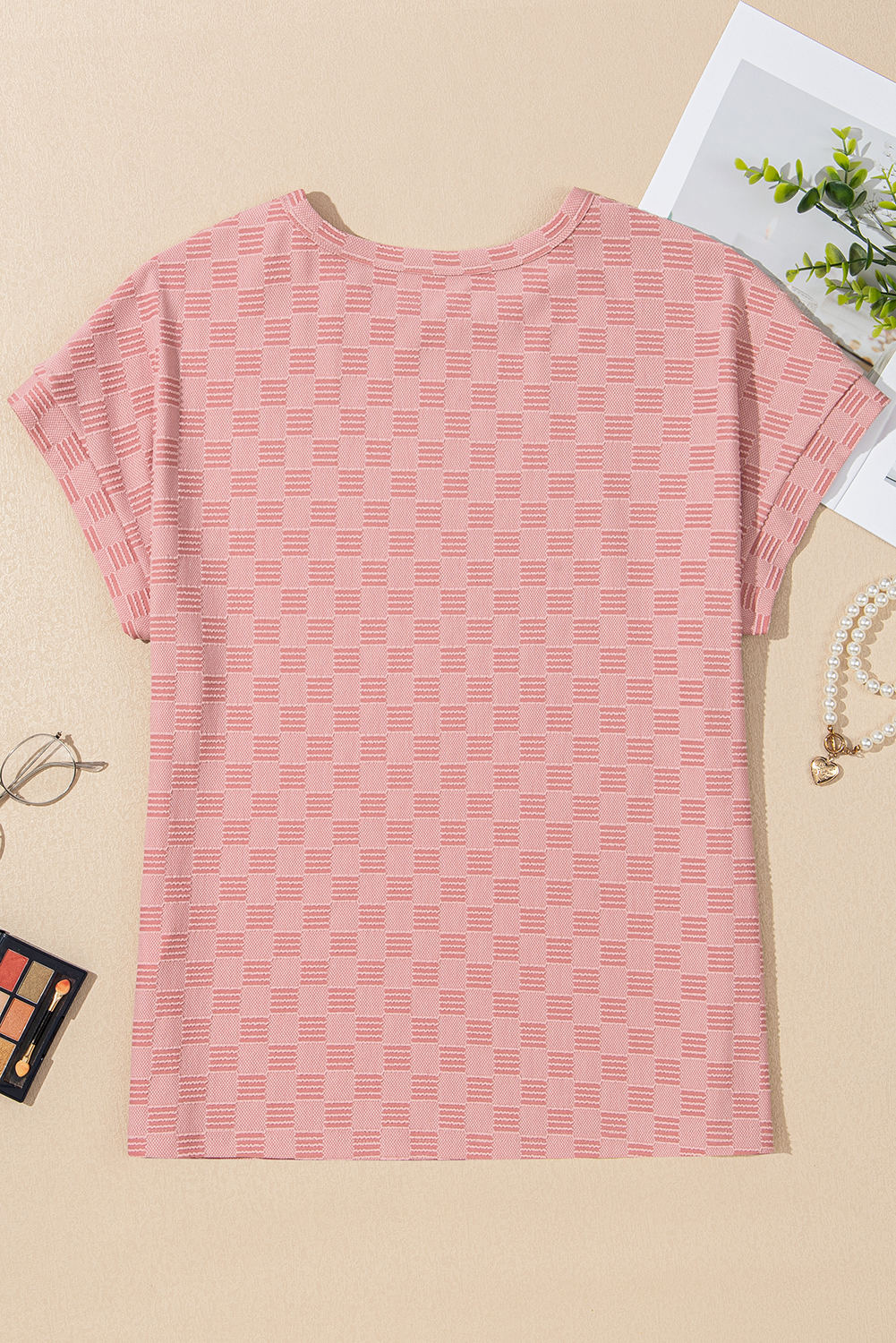 Apricot Pink Checkered Textured Round Neck T-shirt - loveforevers