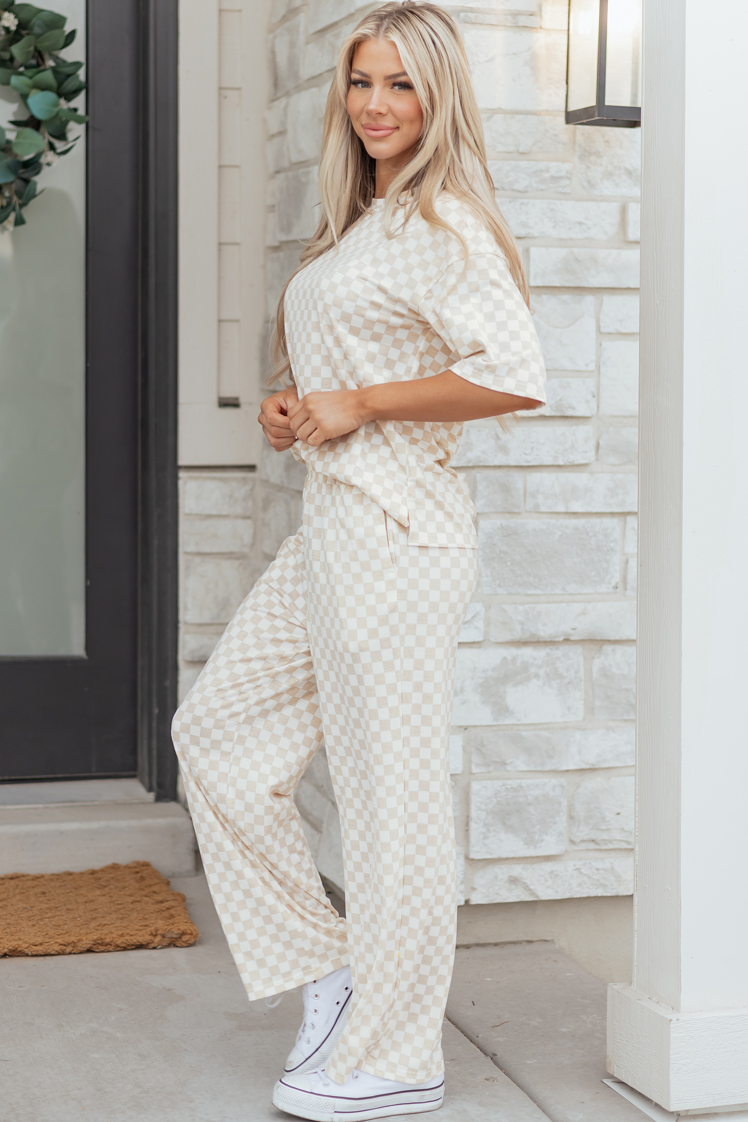 Khaki Checkered Print Half Sleeve Tee 2pcs Lounge Pant Set - loveforevers
