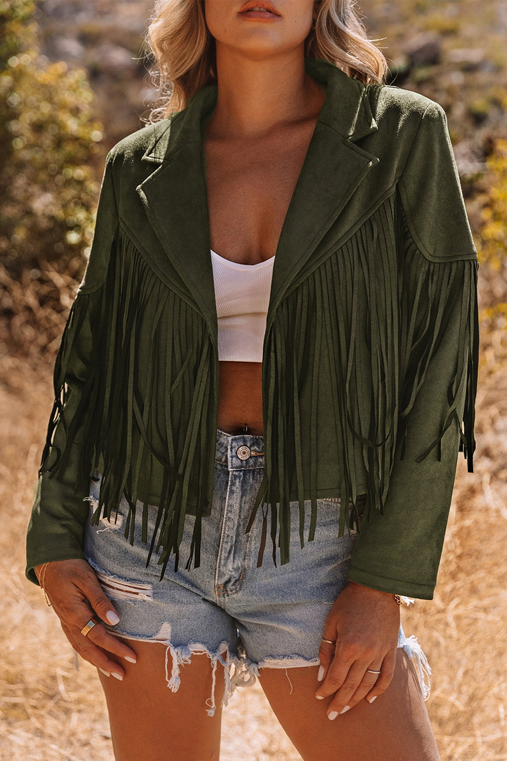Gray Cropped Fringe Faux Suede Jacket - loveforevers