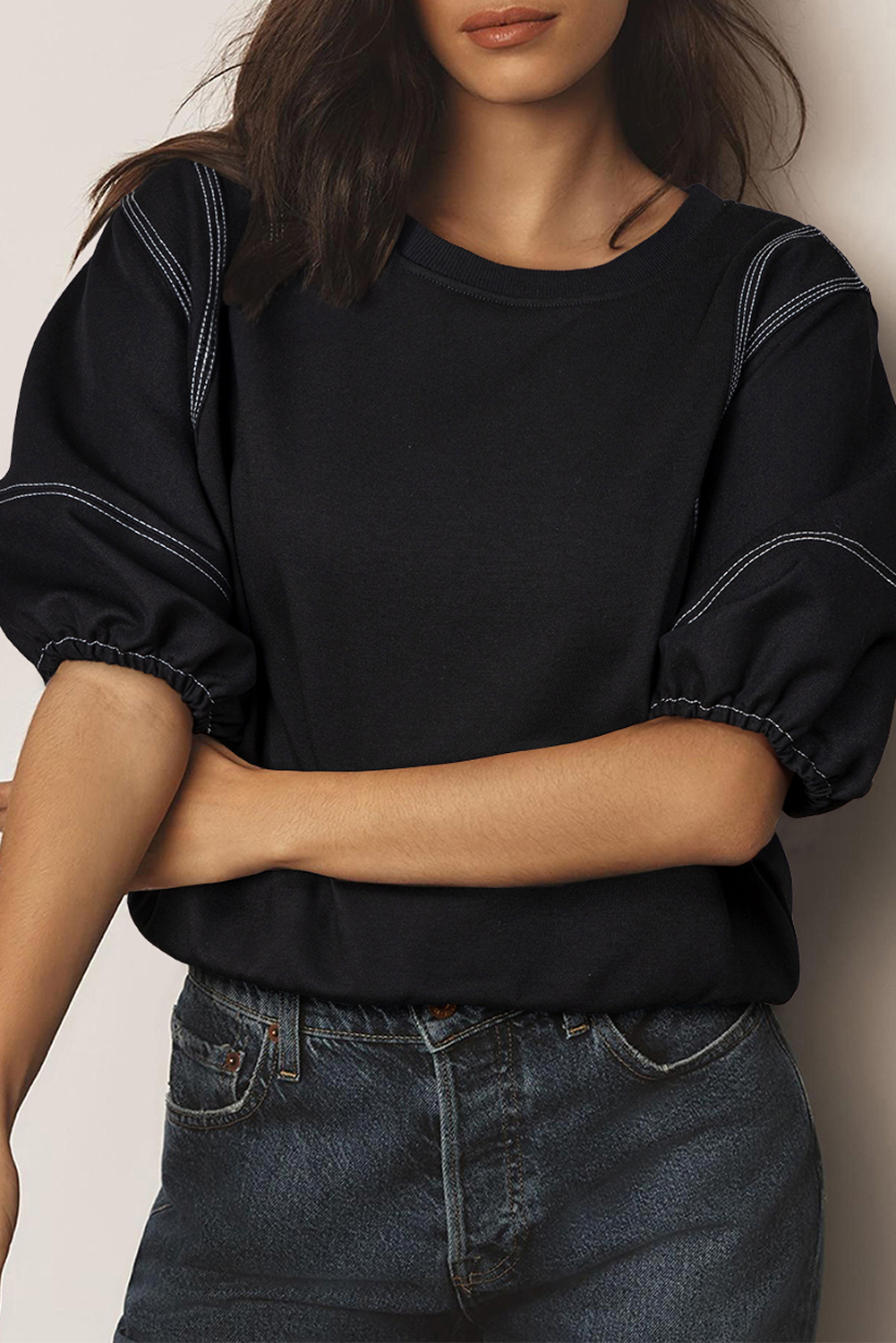 Black Contrast Stitches Detail Puffy Half Sleeve Blouse - loveforevers