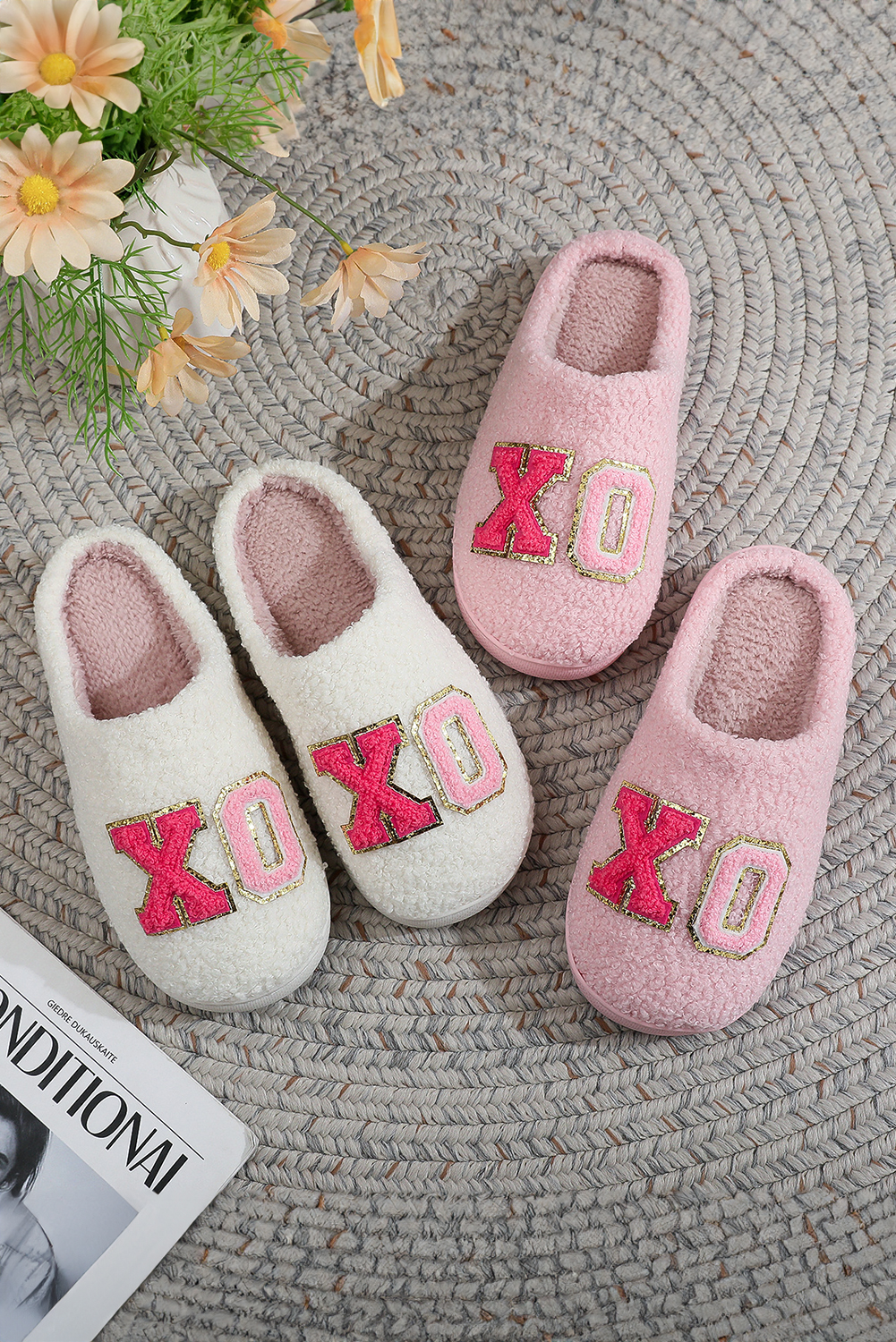 White XO XO Glitter Trim Letter Patched Plush House Slippers - loveforevers