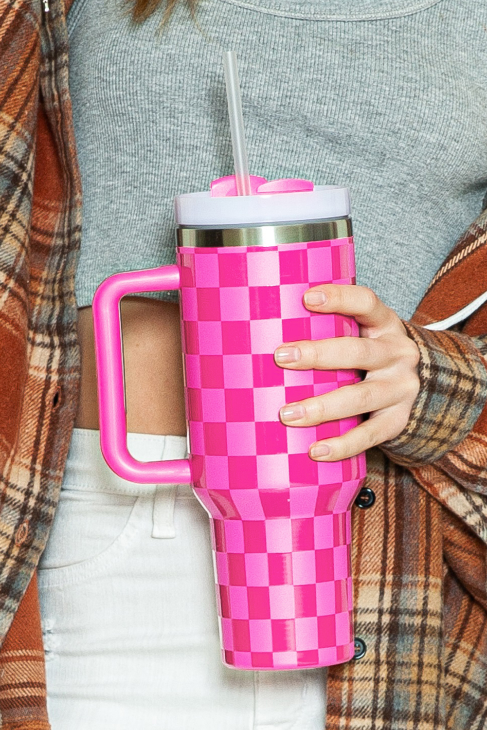 Bright Pink Checkered Print Handled Stainless Steel Tumbler Cup 40oz - loveforevers