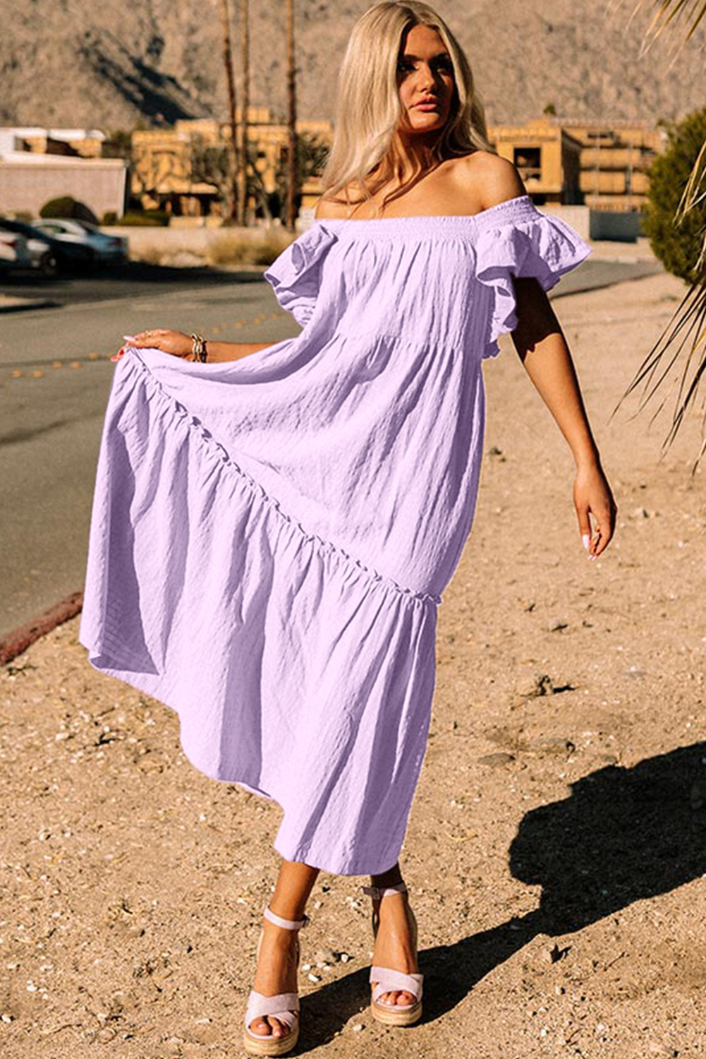 Sky Blue Ruffled Flutter Sleeve Square Neck Textured Tiered Maxi Dress - loveforevers