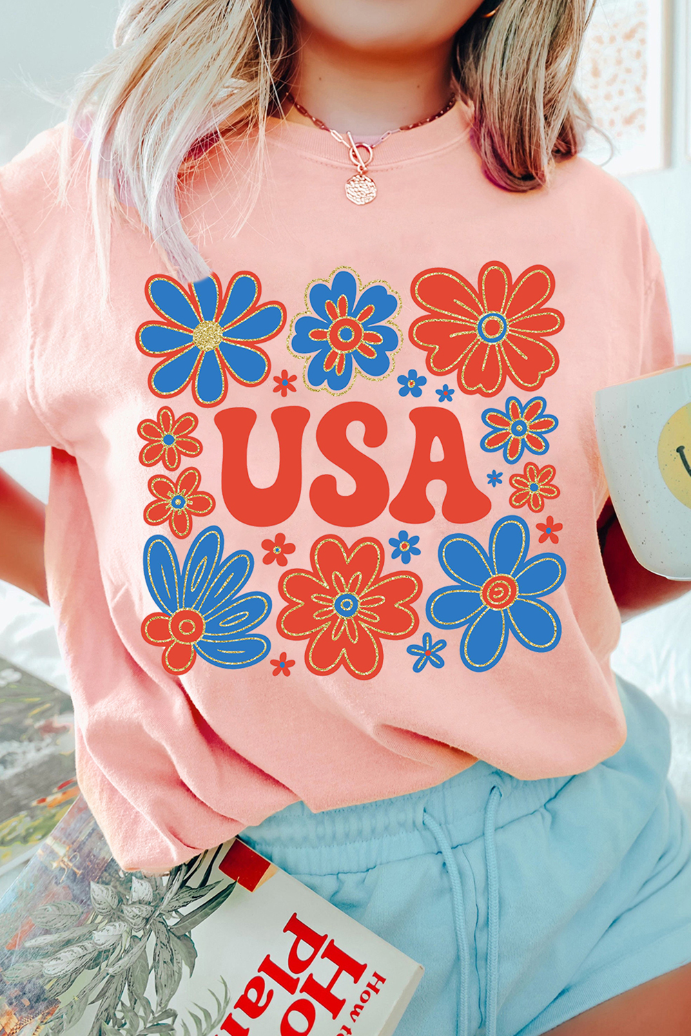Pink Shimmer Flower USA Letter Printed Casual T Shirt - loveforevers