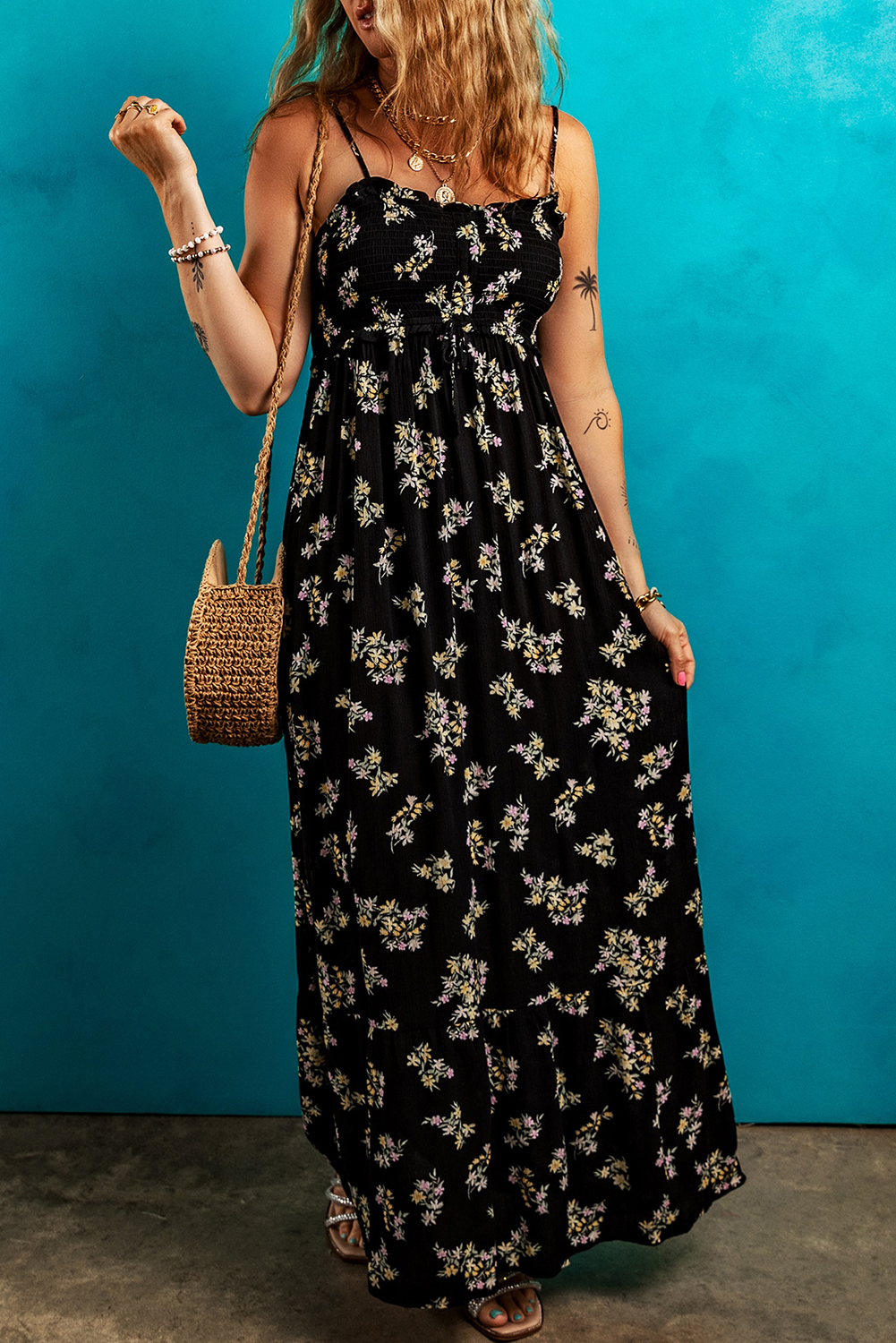 Black Floral Spaghetti Strap Shirred Bodice Tied Empire Waist Maxi Dress - loveforevers