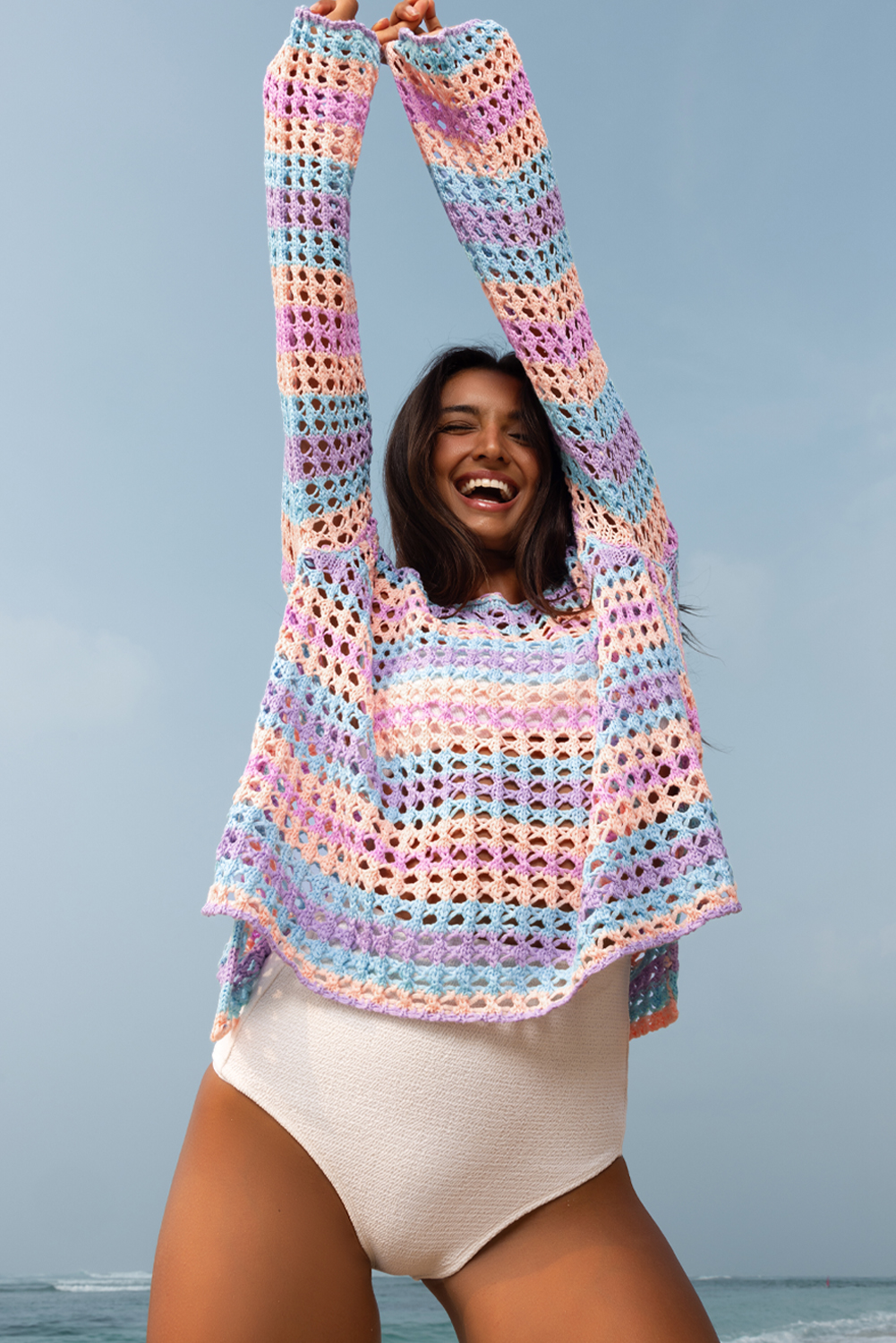 Purple Multi Stripe Open Knit Sweater Beach Cover Up - loveforevers