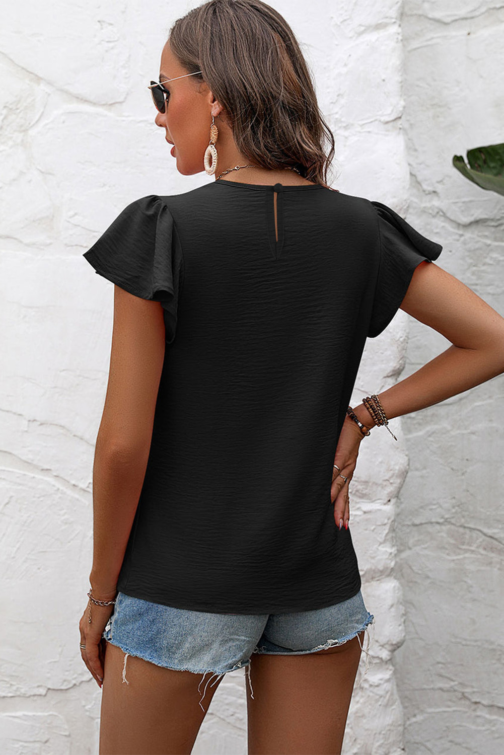 Black Flounce Sleeve Pleated Textured Blouse - loveforevers