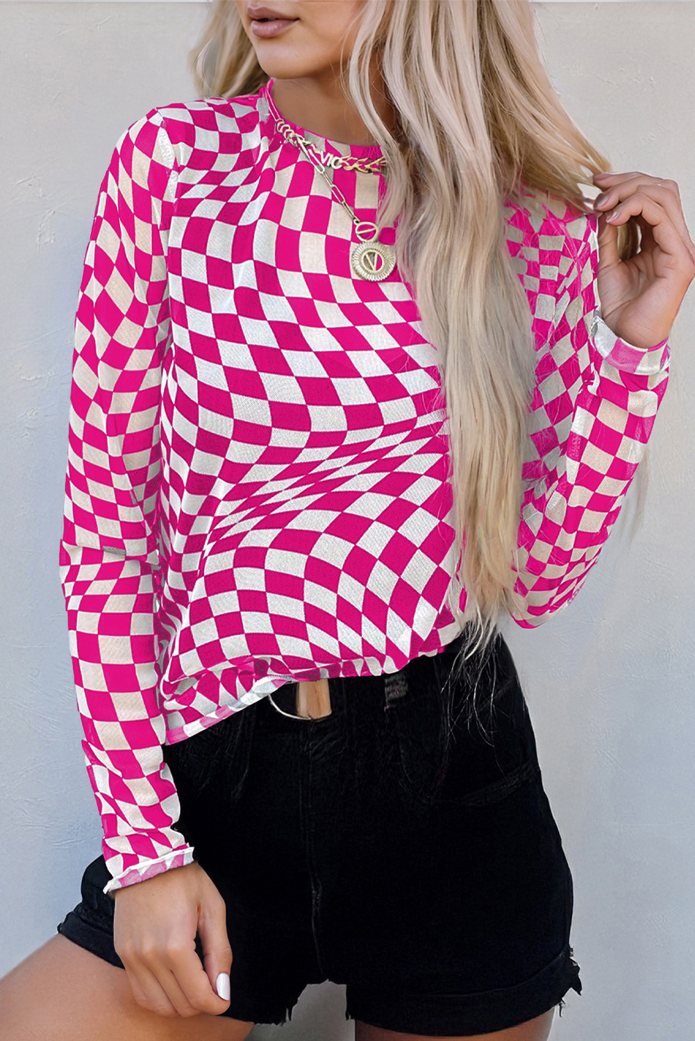 Khaki Checkered Pattern Mesh Mock Neck Long Sleeve Top - loveforevers