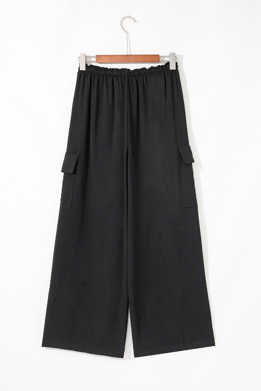 Black Drawstring Frilled Elastic Waistband Wide Leg Utility Trousers - loveforevers