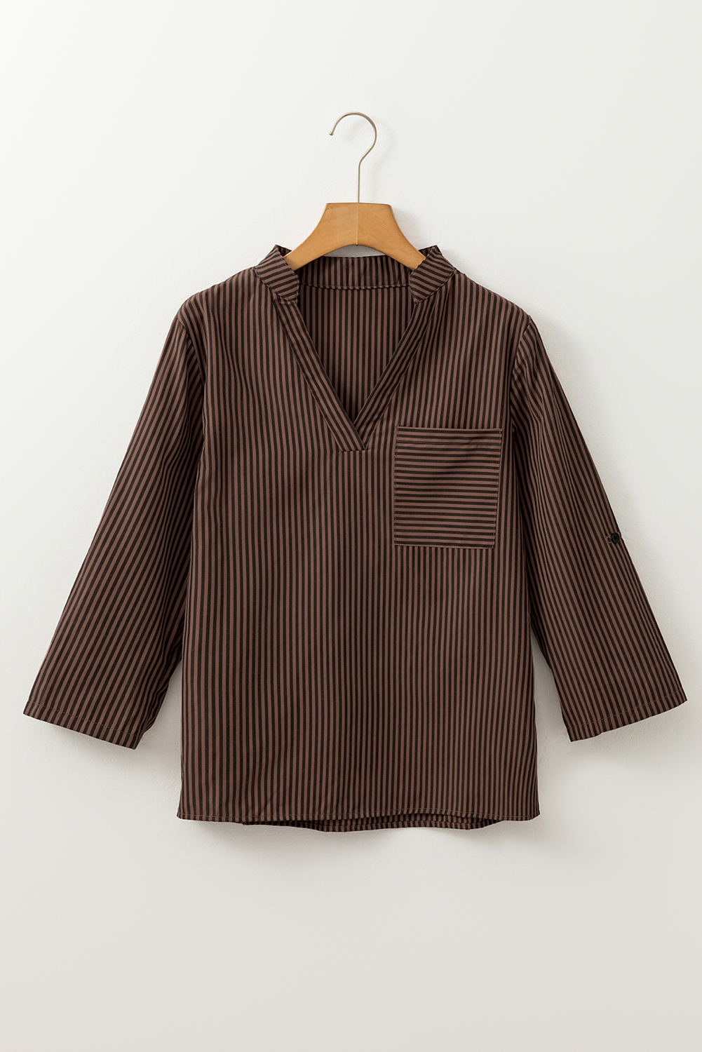 Brown Stripe V Neck Roll Up Sleeve Pocket Patched Classic Shirt - loveforevers