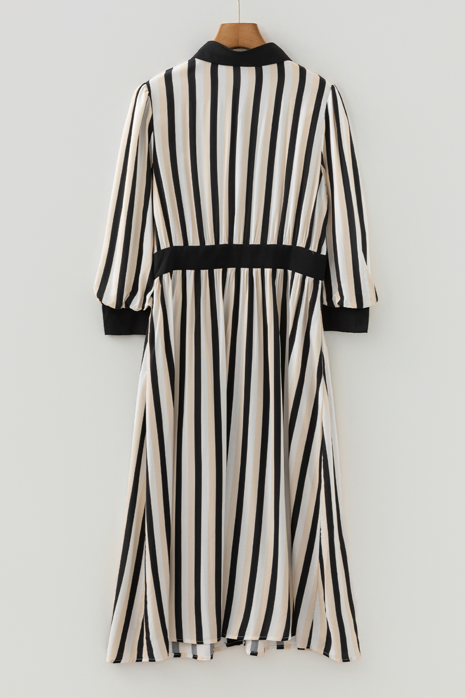 Black Stripe 3/4 Puff Sleeve Shirt Style Button Down Midi Dress - loveforevers