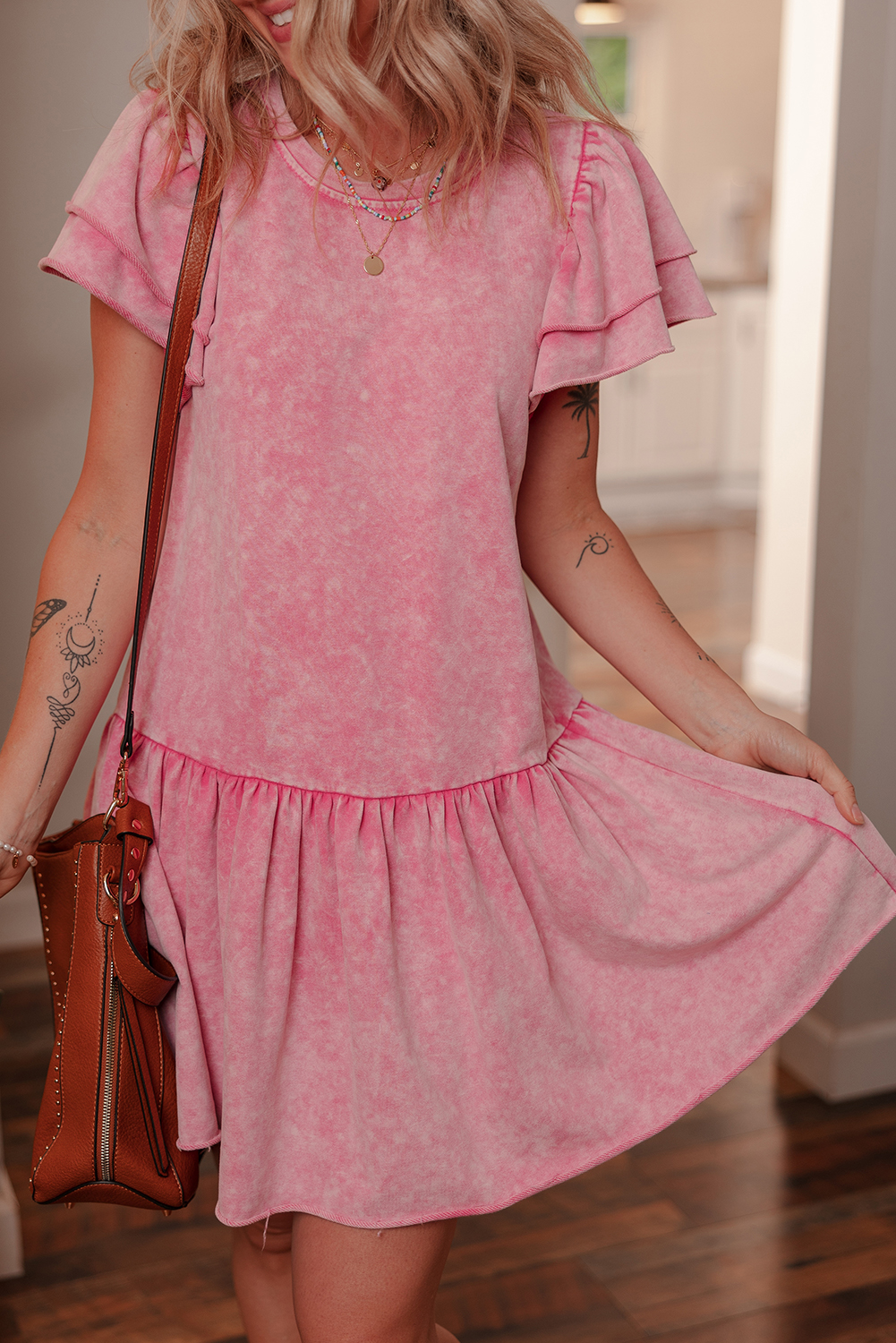 Sachet Pink Mineral Wash Raw Edge Ruffle Mini Dress - loveforevers