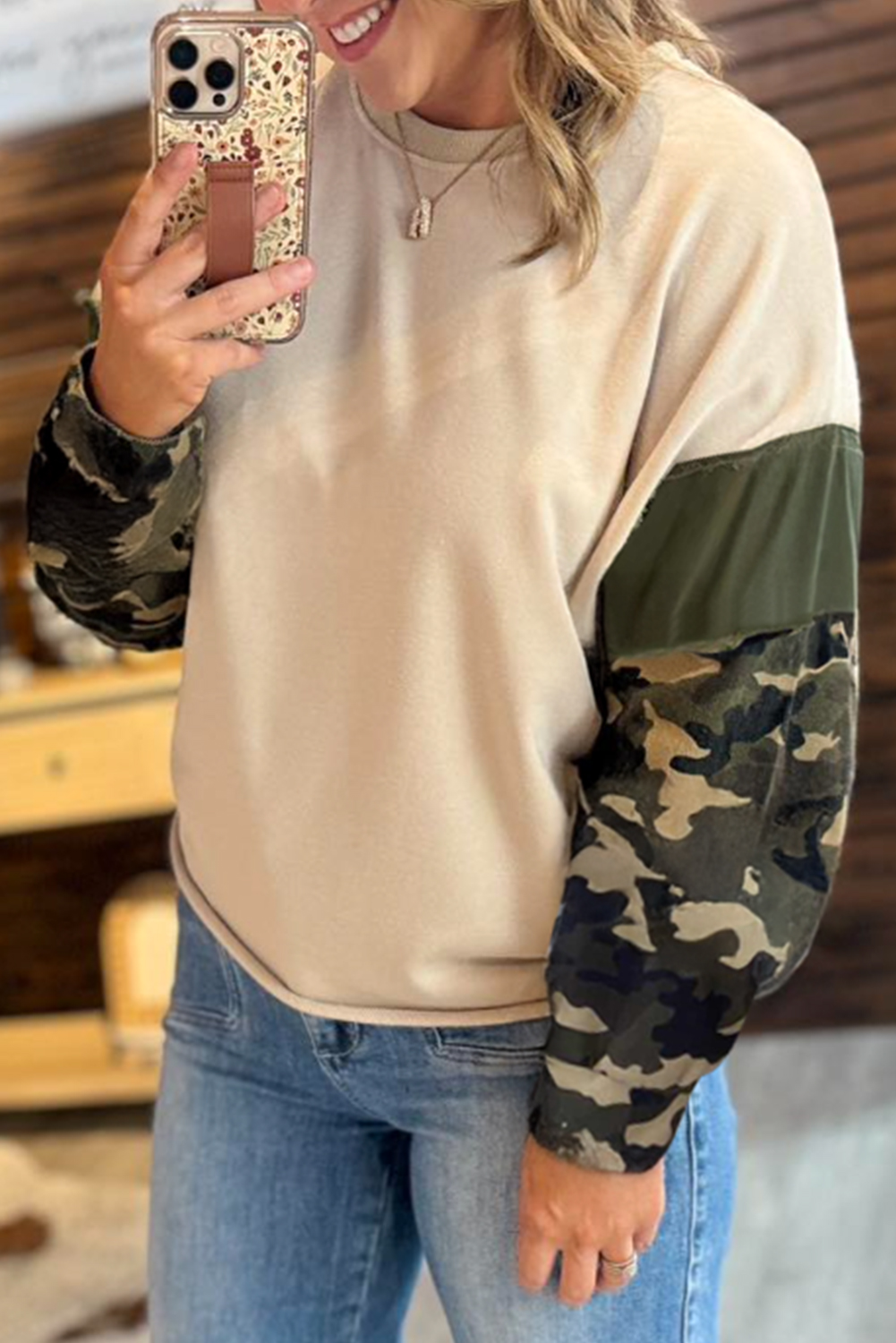 Apricot Camo Print Patchwork Sleeve Raw Hem Plus Size Sweatshirt - loveforevers
